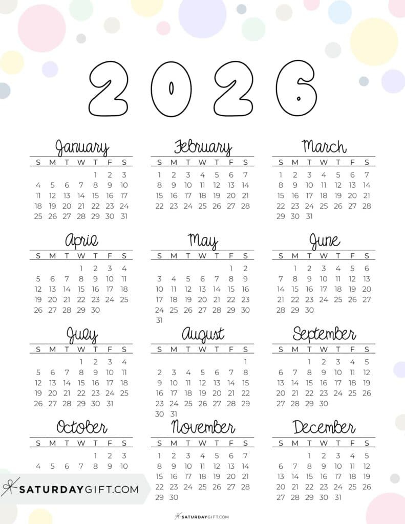 2026 Yearly Calendars - 35 Free Printables inside Calendar 2026 Printable Free Cute