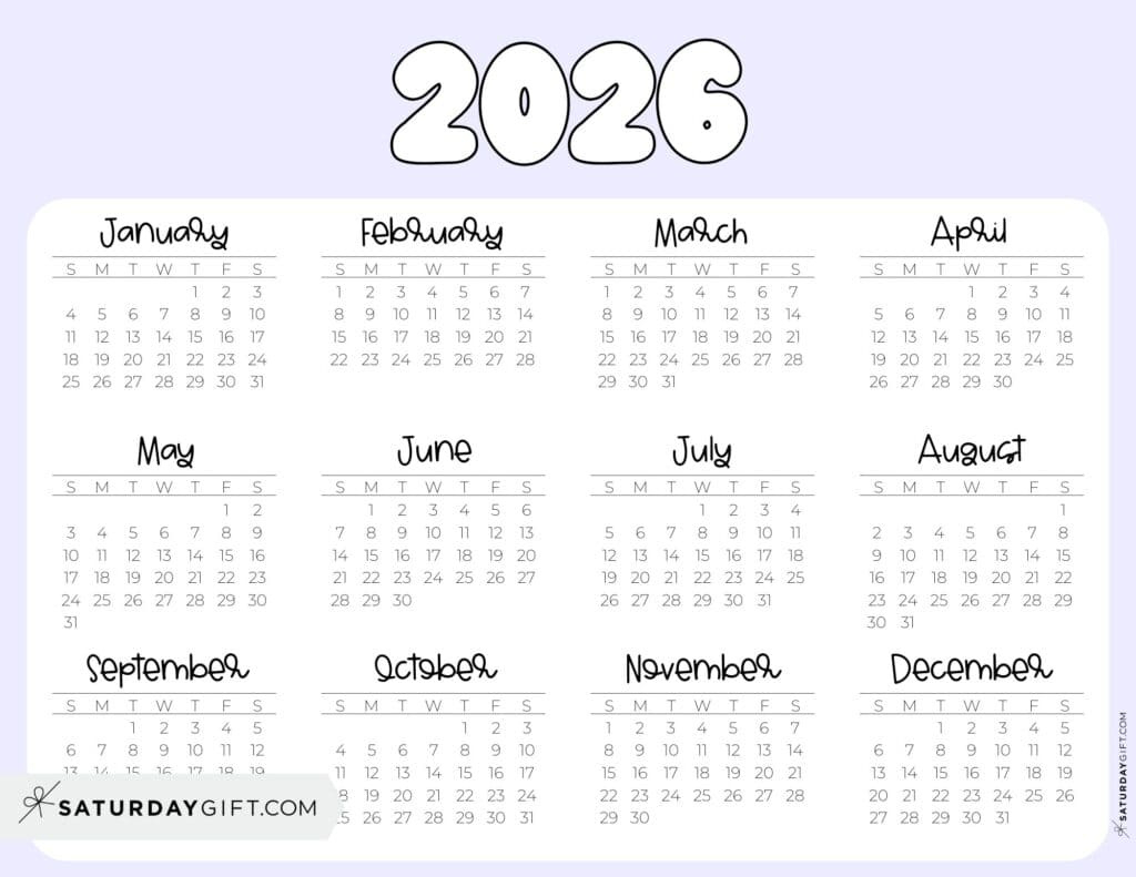 2026 Yearly Calendars - 35 Free Printables regarding 2026 Printable Calendar Landscape