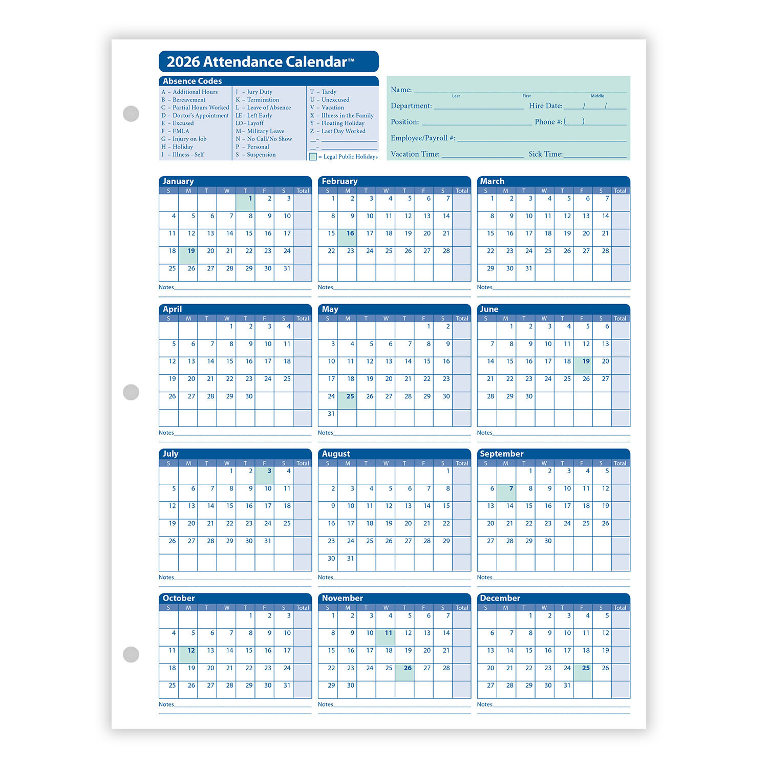 2026 Yearly Employee Attendance Calendar | Yearly Calendar | Hrdirect pertaining to 2026 Attendance Sheets