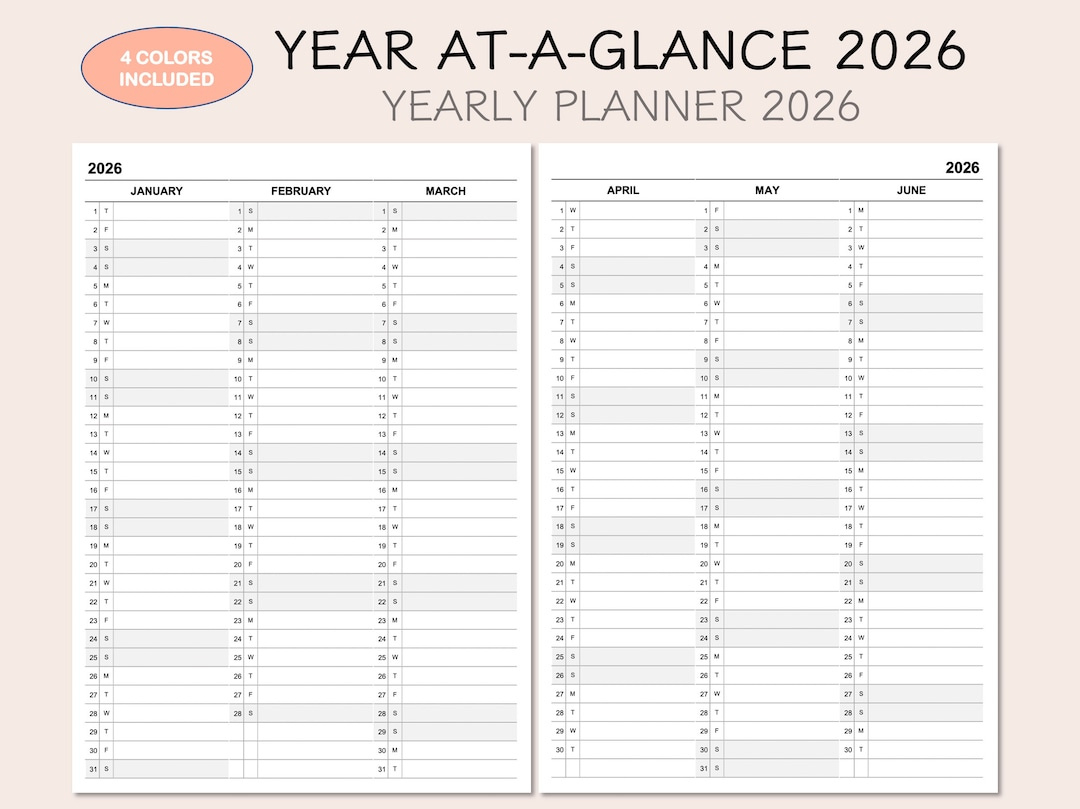2026 Yearly Planner Calendar, Year At-A-Glance, 4 Colors with regard to At a Glance Yearly Calendar 2026