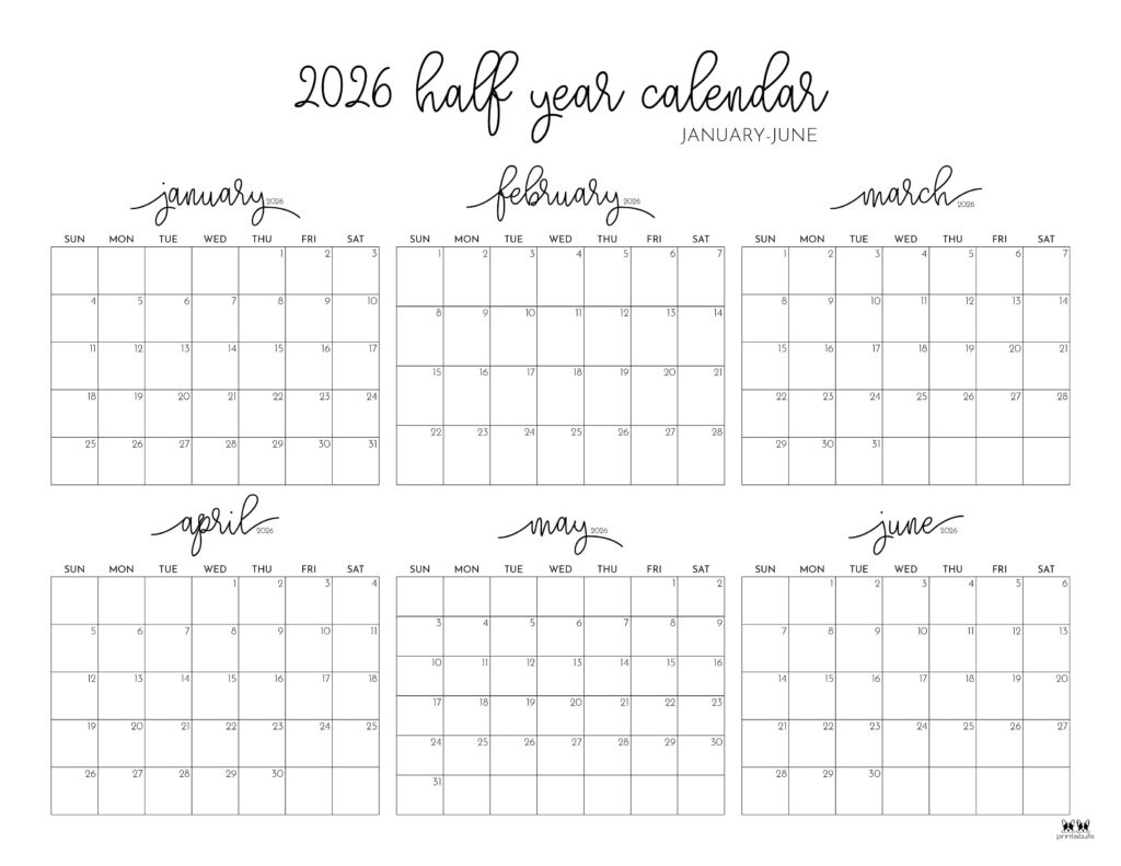 6 Month Calendars 2026 - 40 Free Calendars | Printabulls intended for 2026 Calendar Printable 6 Months