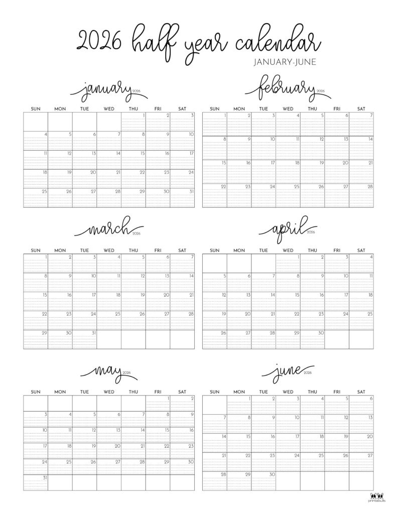 6 Month Calendars 2026 - 40 Free Calendars | Printabulls with 6 Month Printable Calendar 2026