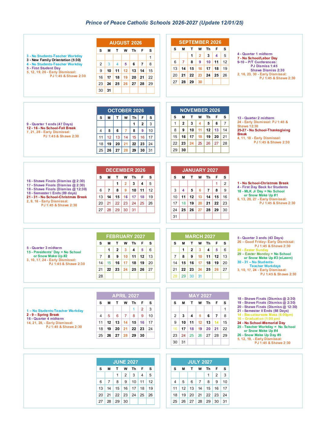 Academic &amp;amp; Lunch Calendars - Prince Of Peace Catholic Schools throughout Catholic School Calendar 2026 - 2027