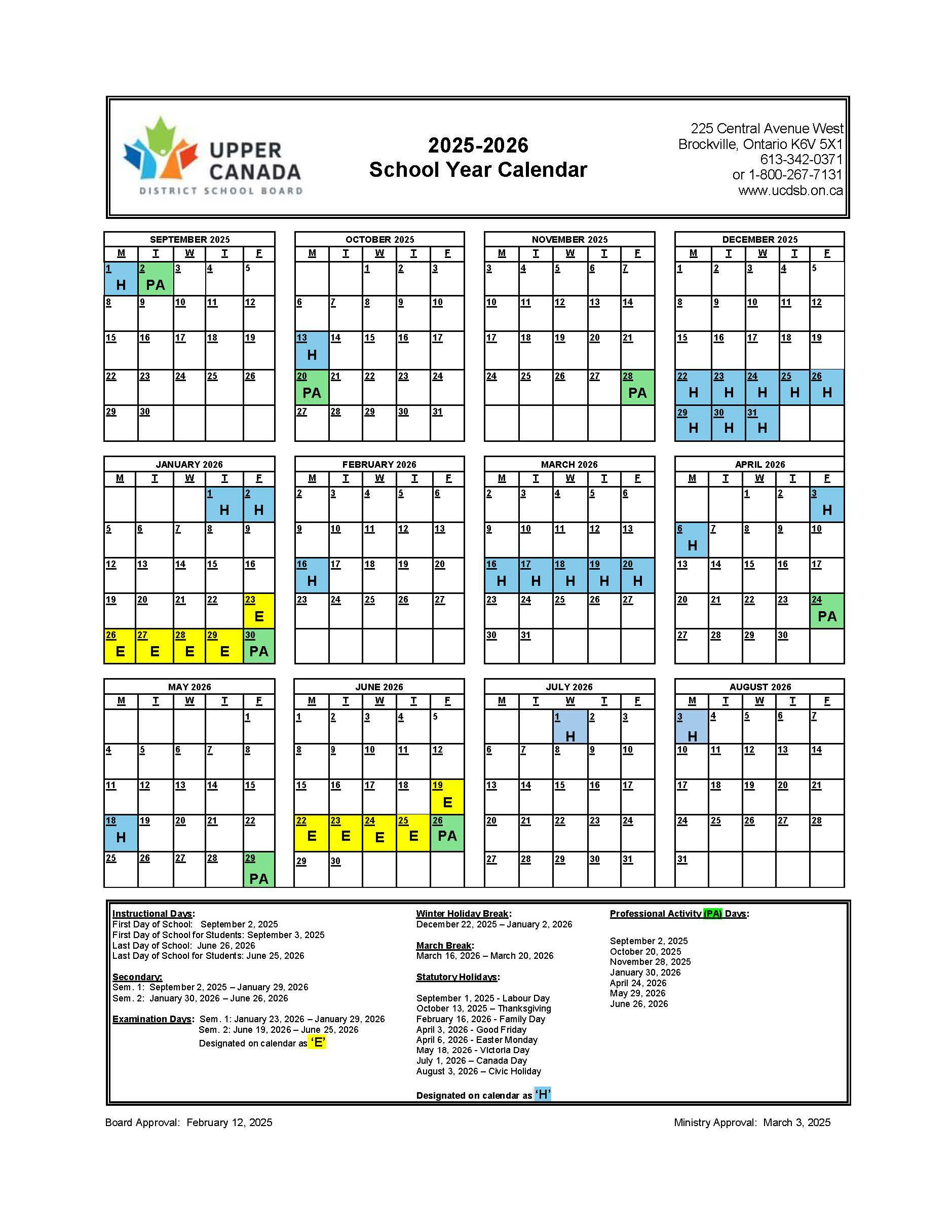 Approved 2025-2026 School Year Calendar - Upper Canada District with Ottawa Catholic School Board Calendar 2026