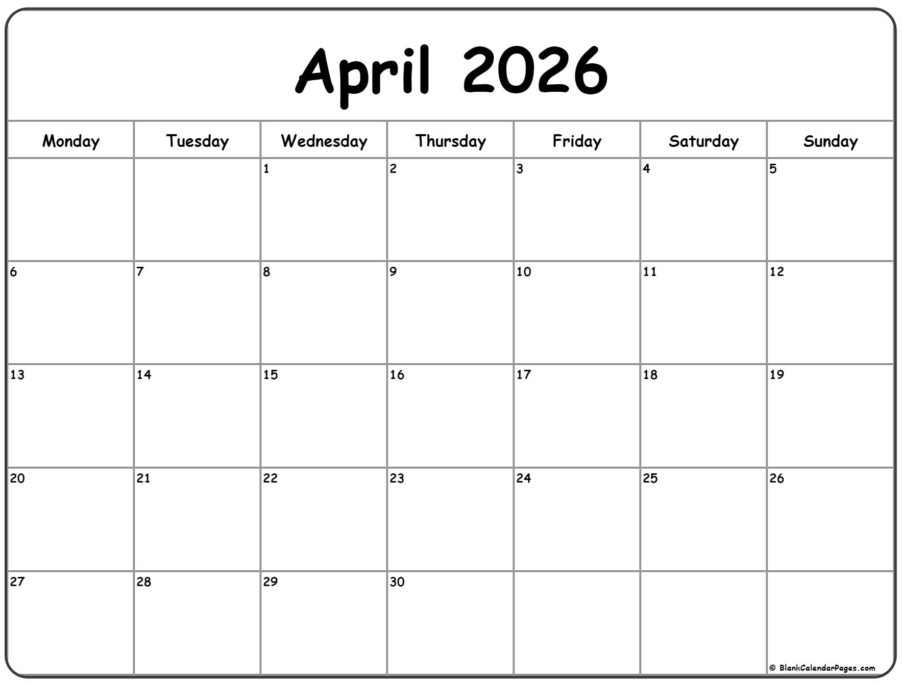 April 2026 Monday Calendar | Monday To Sunday with regard to 2026 Calendar Printable Monday to Sunday