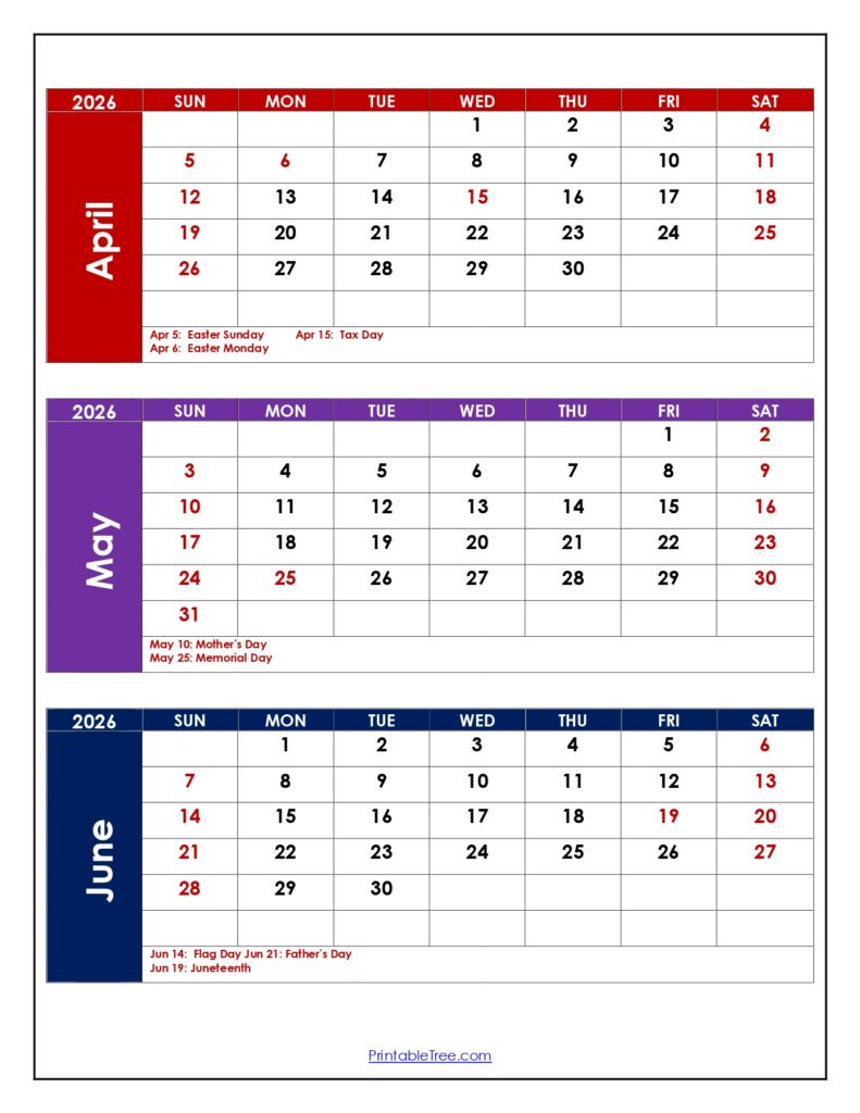April To June 2026 Calendar | Three Month Calendar pertaining to Calendar 2026 Printable Free Uae