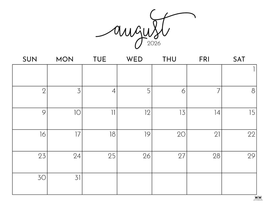 August 2026 Calendars - 123 Free Printables | Printabulls for August 2026 Calendar Printable