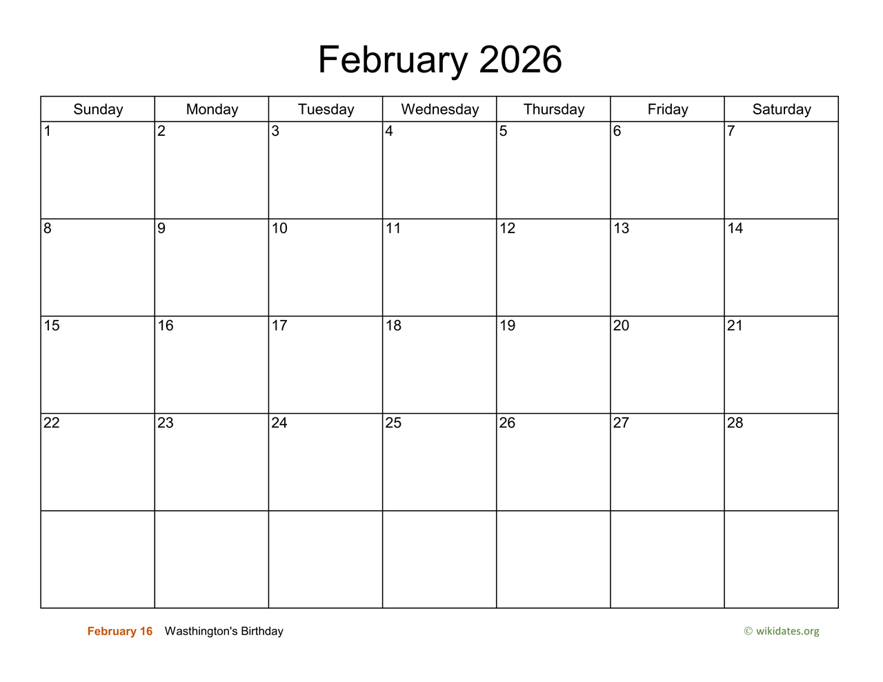 Basic Calendar For February 2026 | Wikidates throughout February 2026 Calendar Printable Wiki