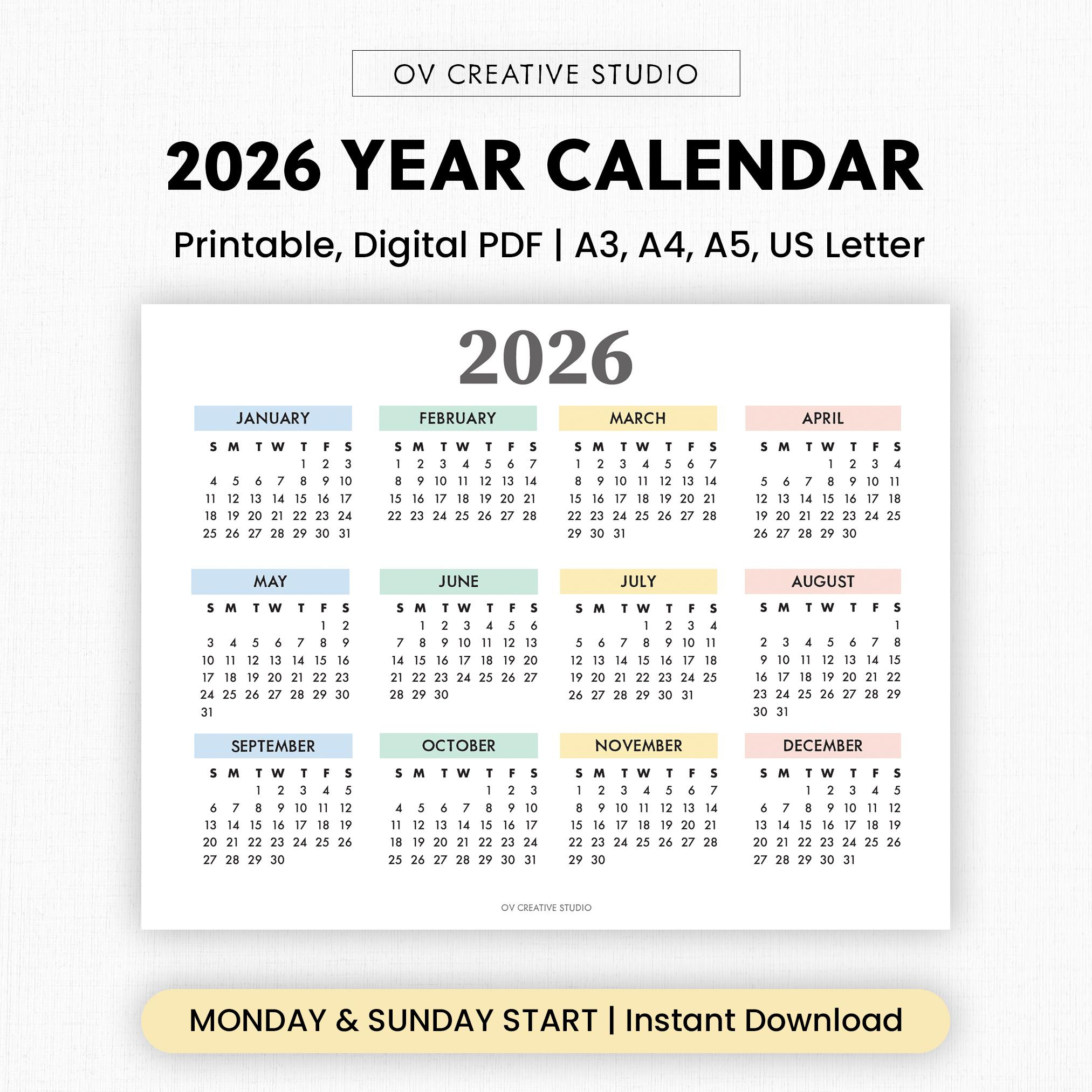 Buy 2026 Year Calendar Printable | Year At A Glance | Digital within At a Glance Calendars For 2026