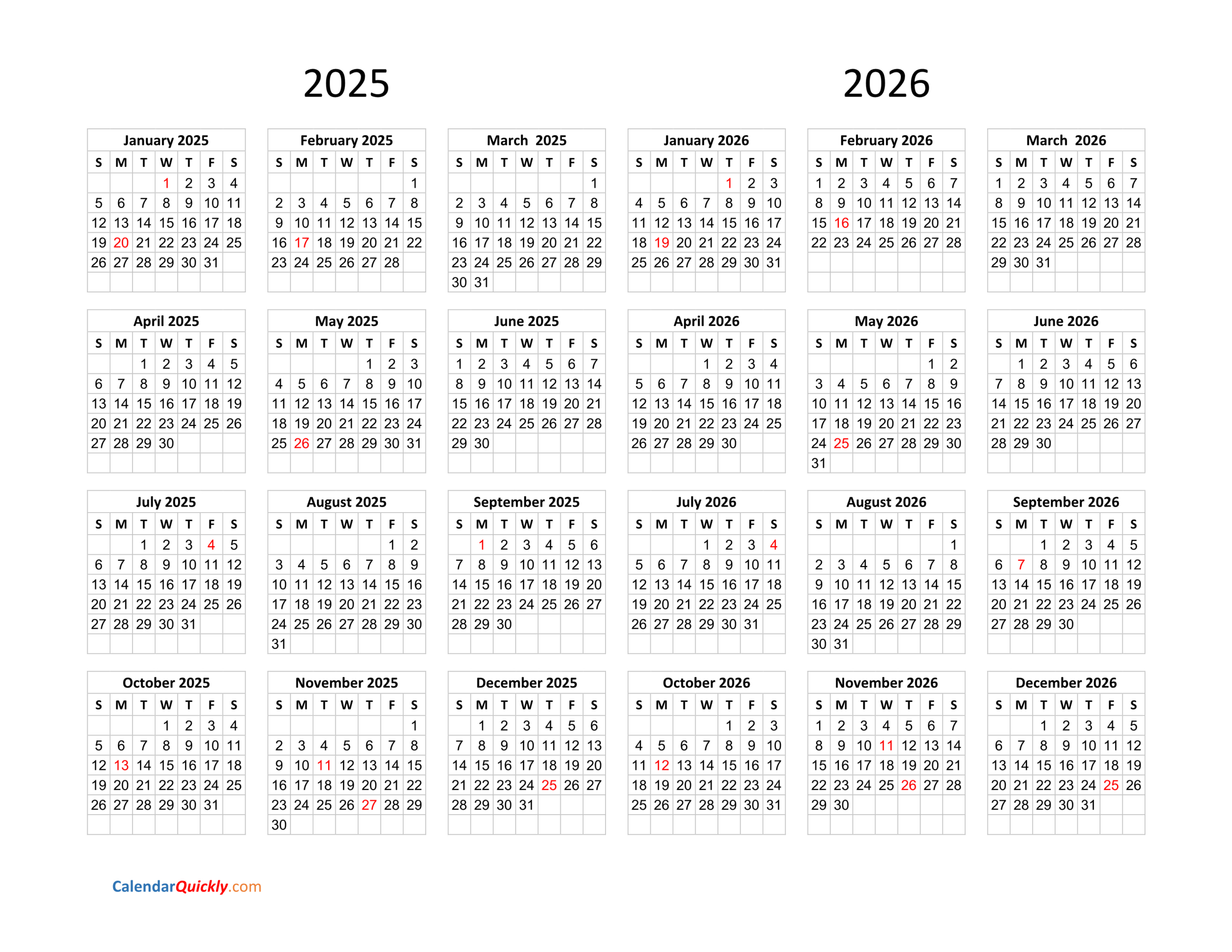 Calendar 2025 And 2026 On One Page | Calendar Quickly inside Free Printable 2025 And 2026 Calendar Printable
