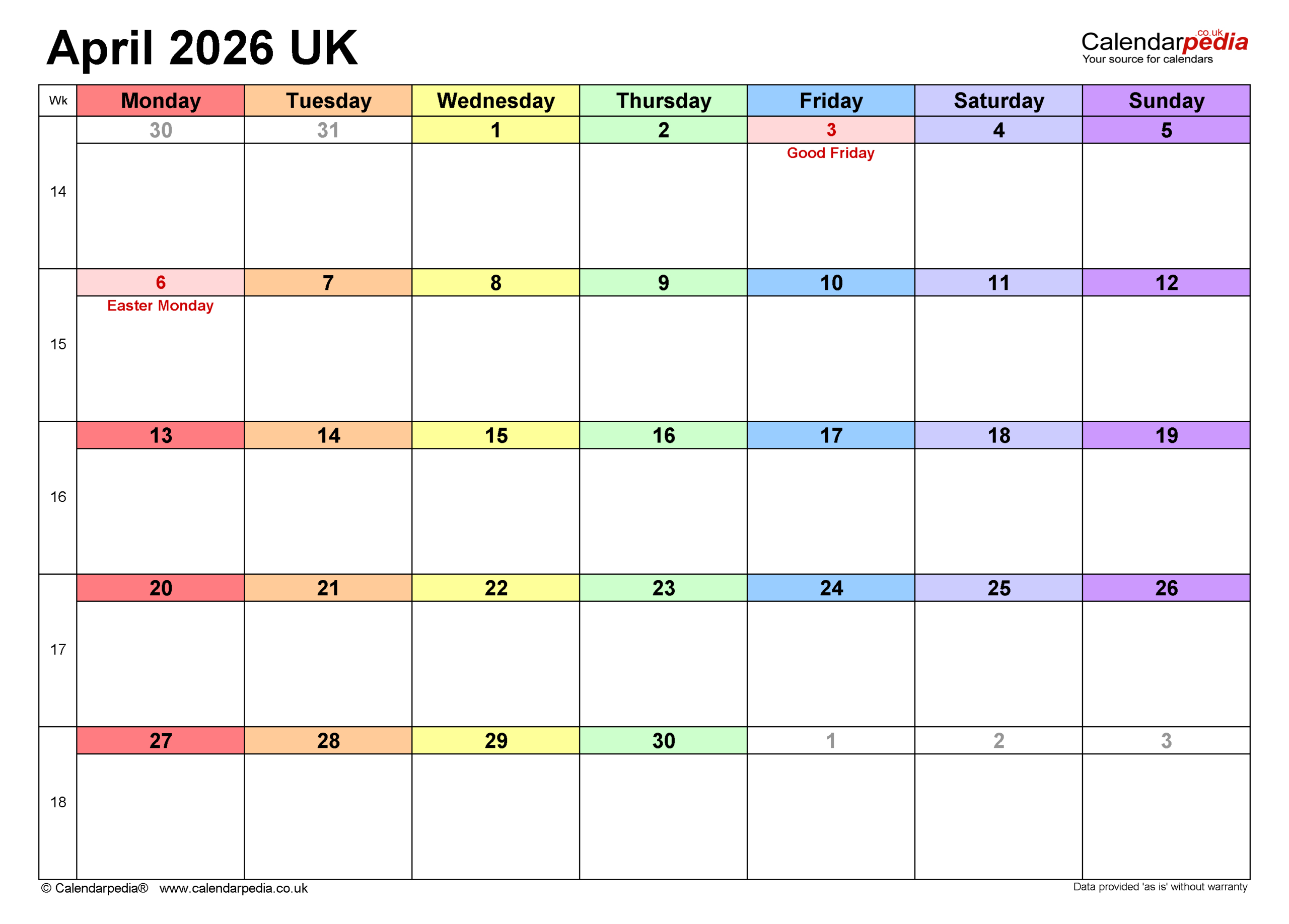 Calendar April 2026 Uk With Pdf, Excel And Word Templates throughout Attendance Sheet April 2026