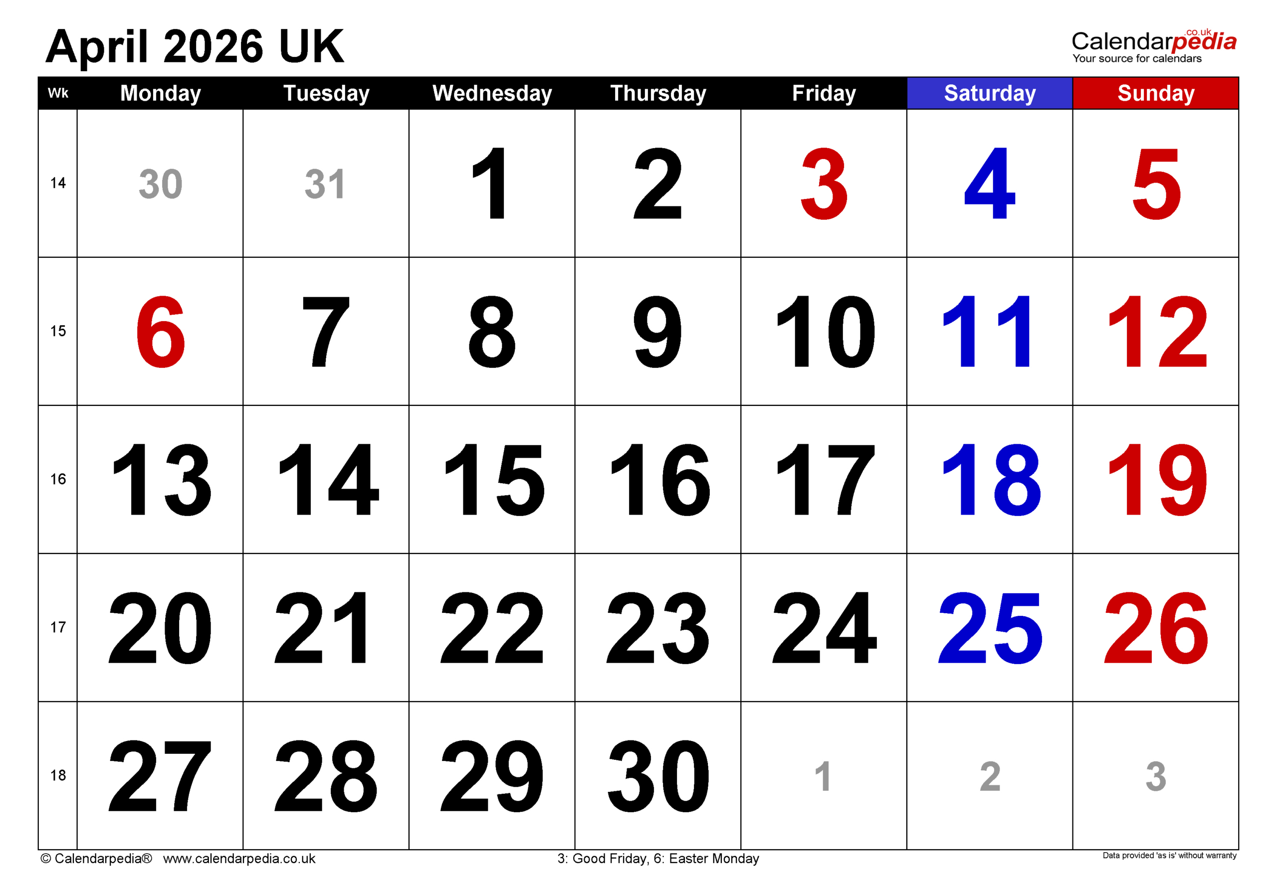 Calendar April 2026 Uk With Pdf, Excel And Word Templates with regard to April 2026 Calendar Printable