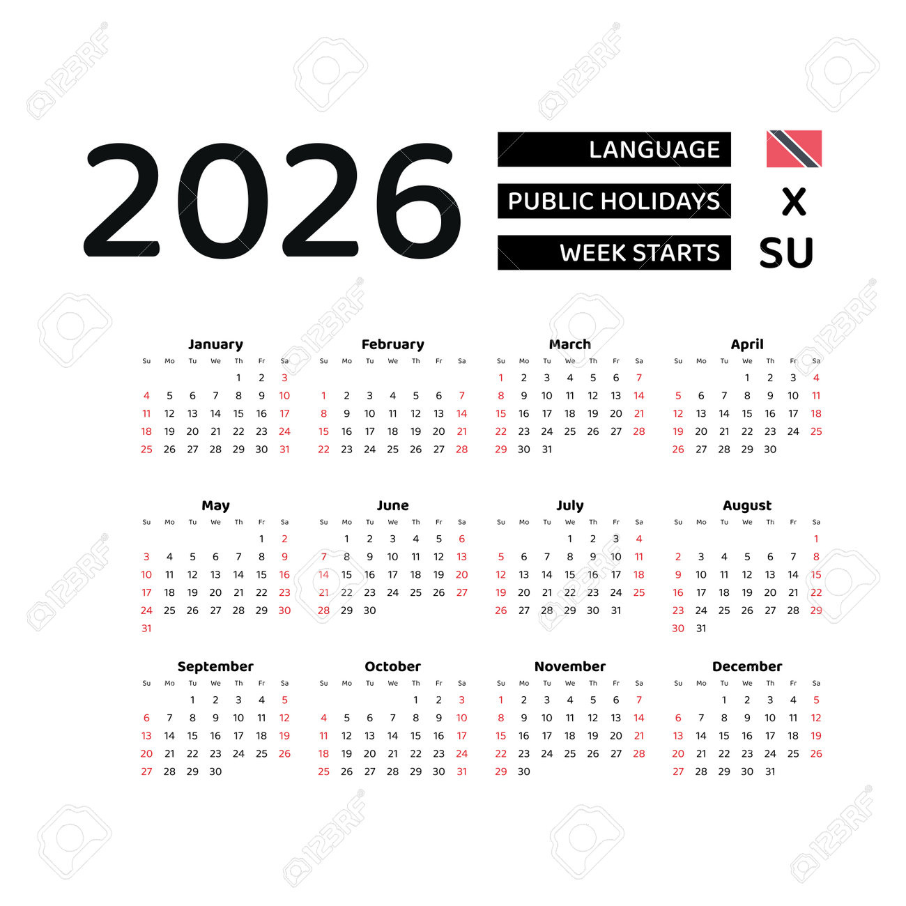 Calendario 2026 En Inglés Con La Semana De Días Festivos De pertaining to 2026 Calendar Printable Trinidad