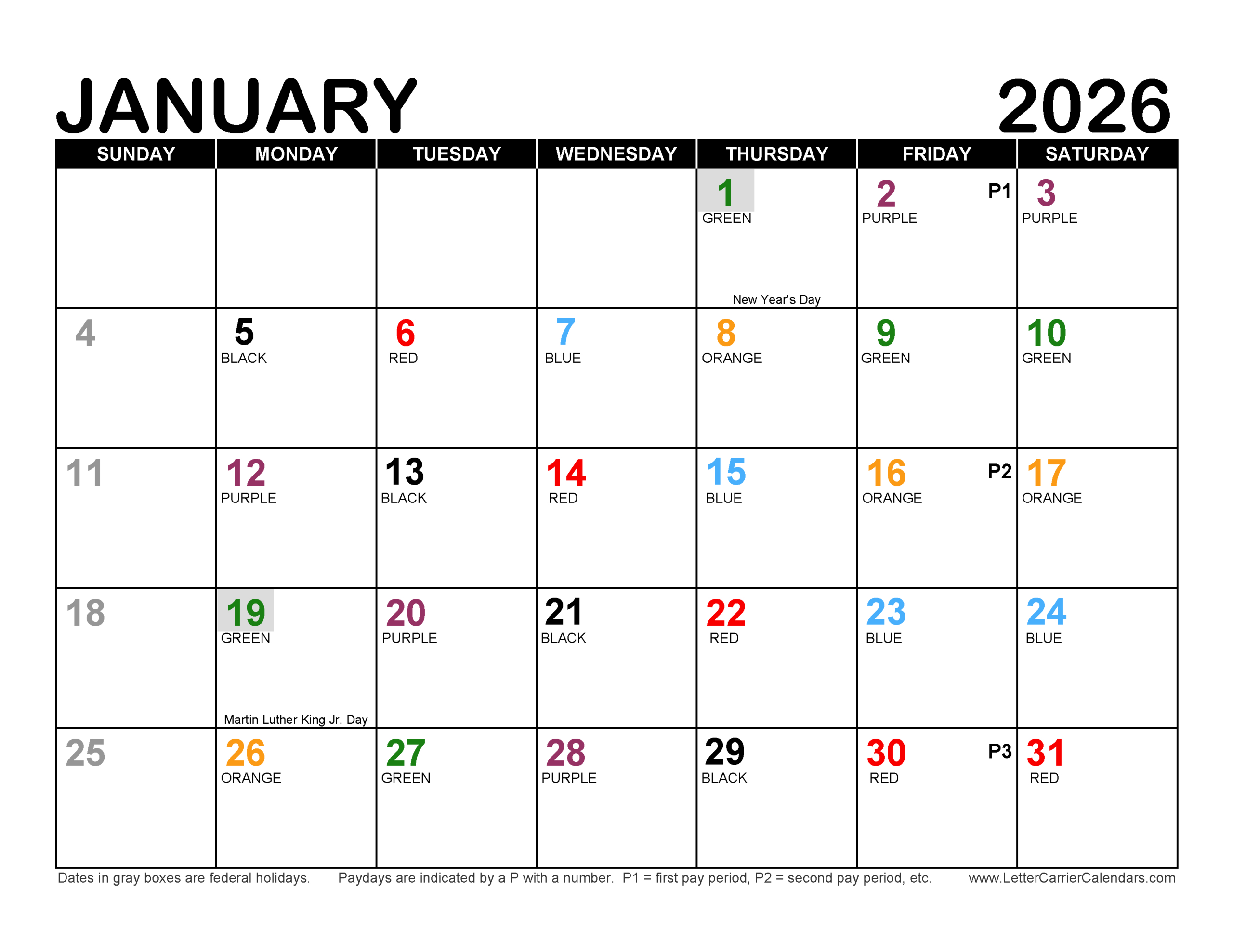 Calendars for USPS Color Coded Calendar 2026 Printable