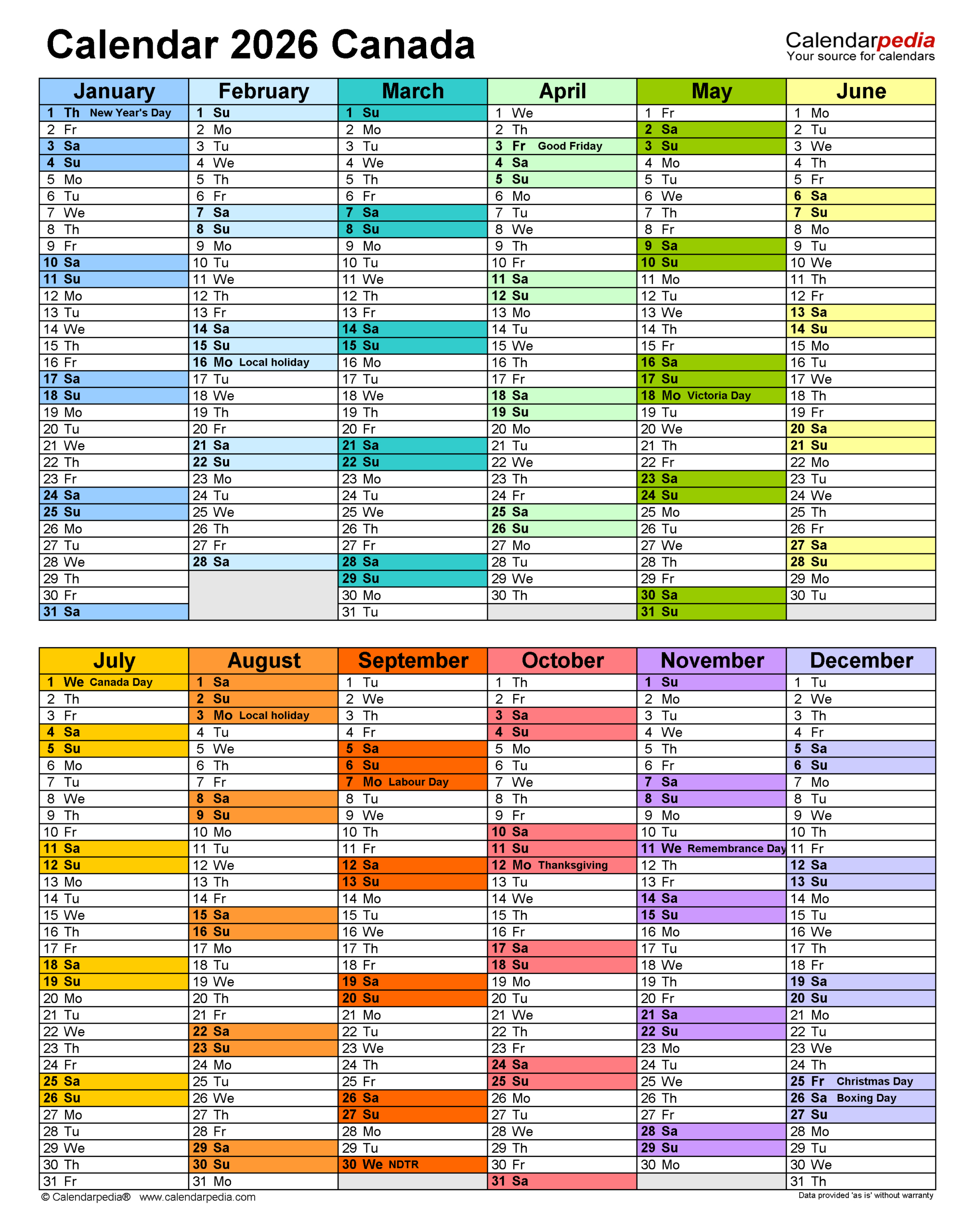 Canada Calendar 2026 - Free Printable Pdf Templates for 2026 Calendar Canada with Holidays Printable