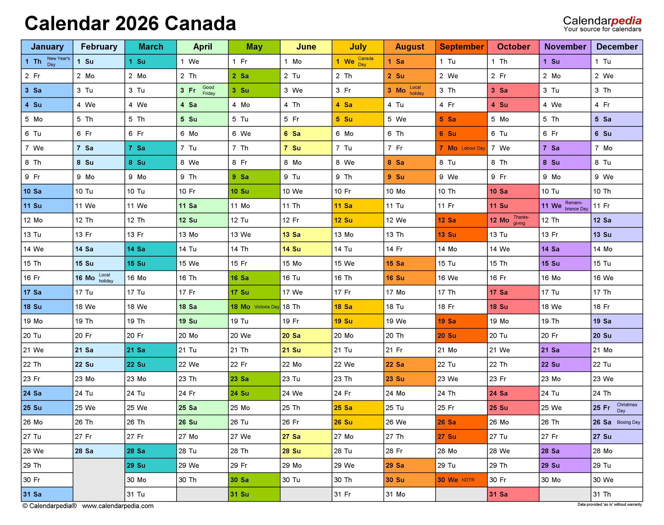 Canada Calendar 2026 - Free Printable Pdf Templates in 2026 Calendar Printable Canada With Holidays