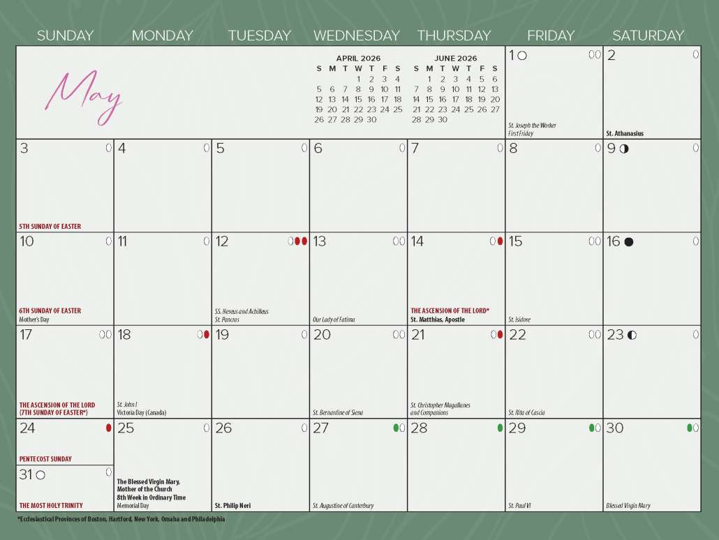 Catholic Calendars | Blue Mound Graphics regarding April 2026 Calendar with Catholic Holidays