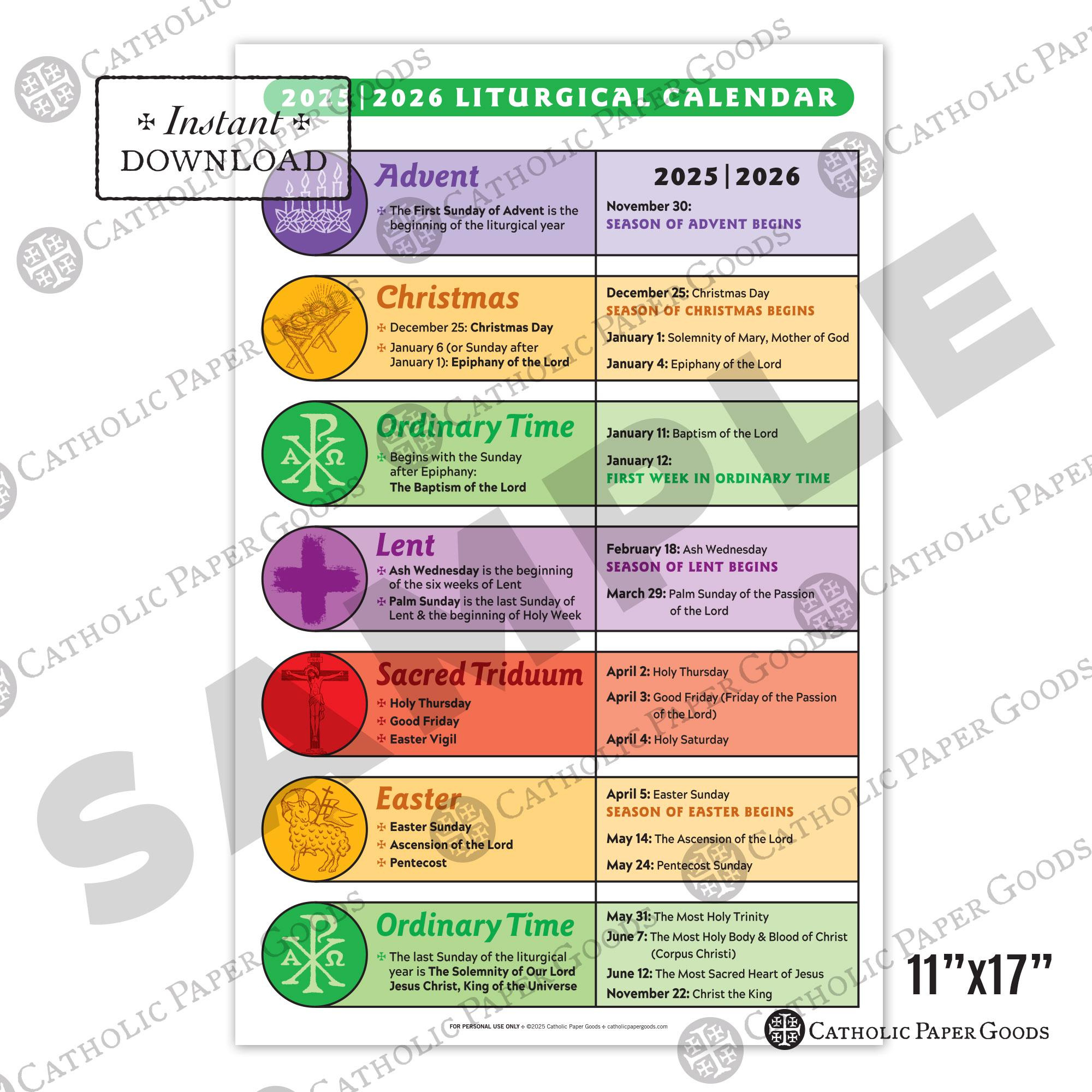 Catholic Liturgical Calendar 2025-26: 11X17 Color Poster (Digital with regard to Liturgical Color Calendar 2026