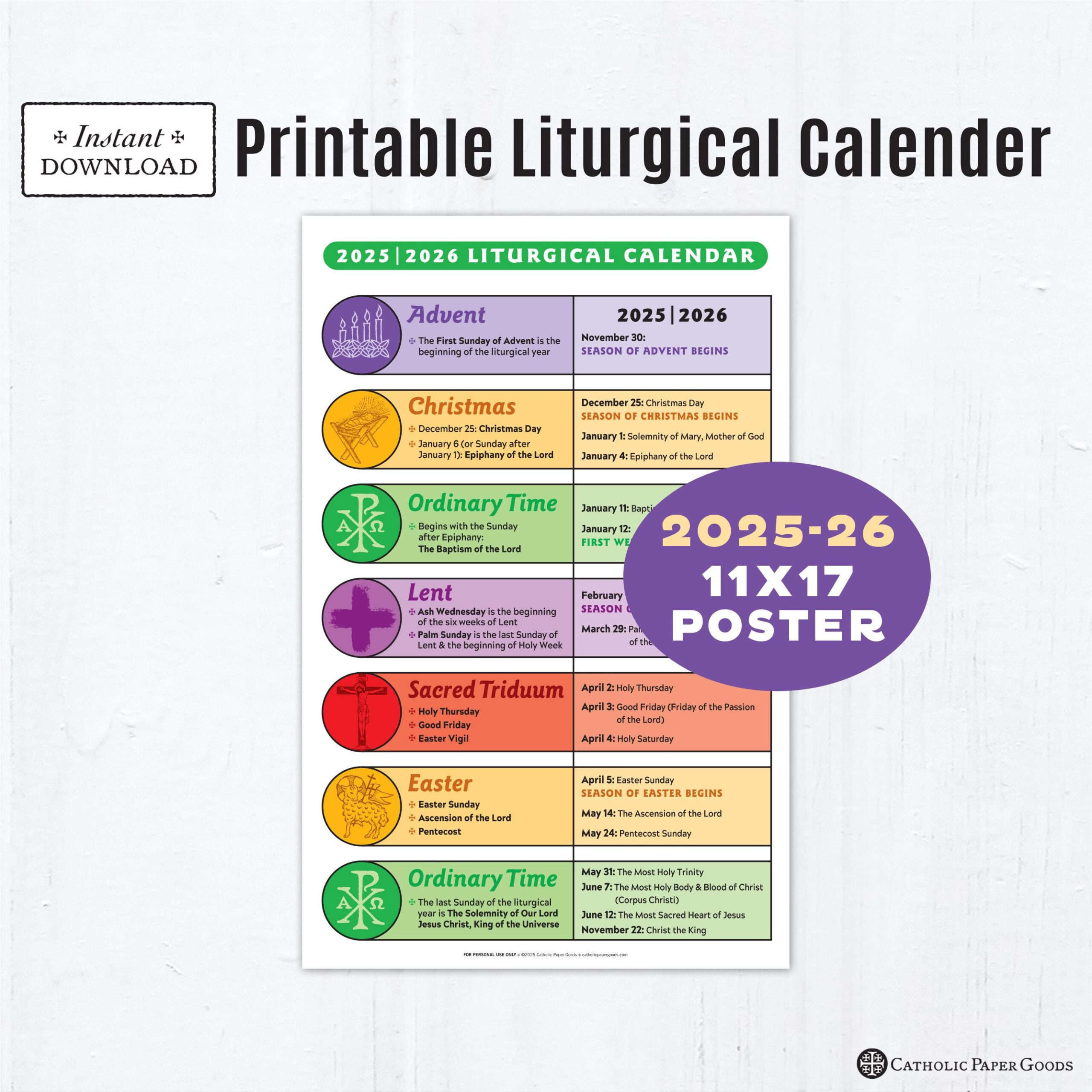 Catholic Liturgical Calendar 2025-26: 11X17 Color Poster (Digital within UK Catholic Liturgical Calendar 2026
