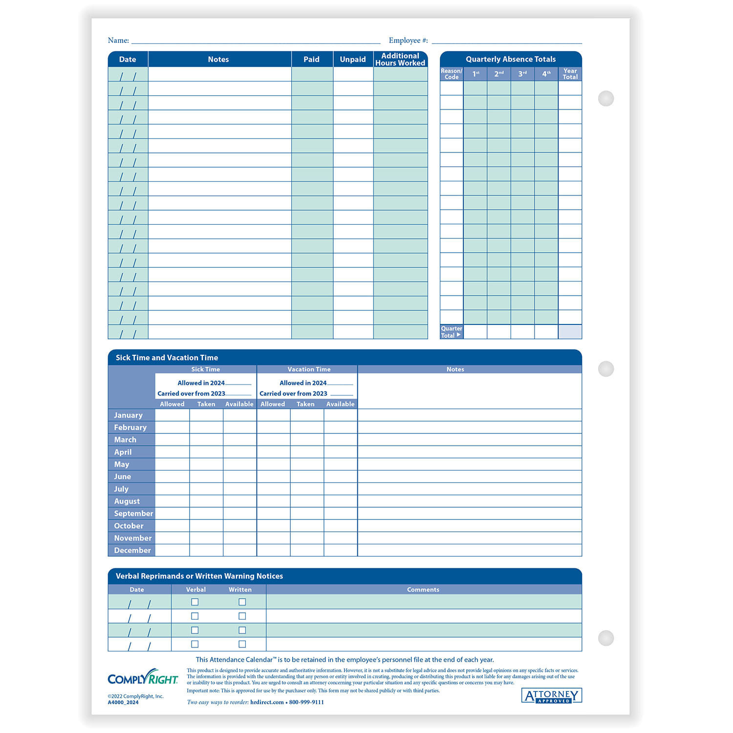 Complyright 2026 Attendance Calendar – 25/Pk throughout 2026 Attendance Calendar