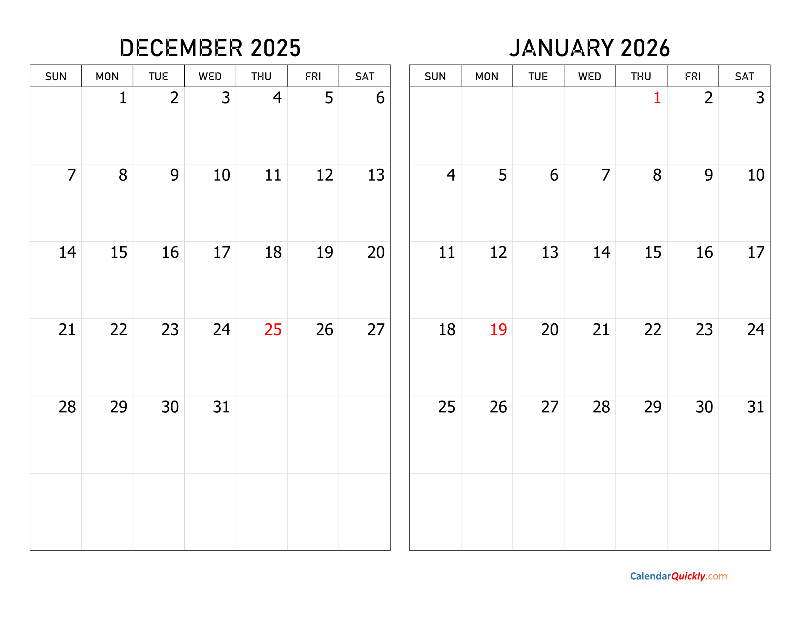 December 2025 And January 2026 Calendar | Calendar Quickly pertaining to Printable Calendar For December 2025 And January 2026