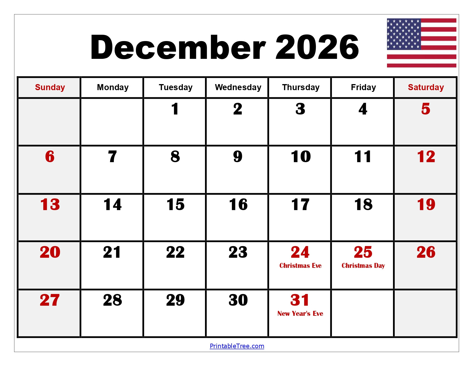 December 2026 Calendar Printable Pdf With Holidays Templates intended for December 2026 Calendar Printable