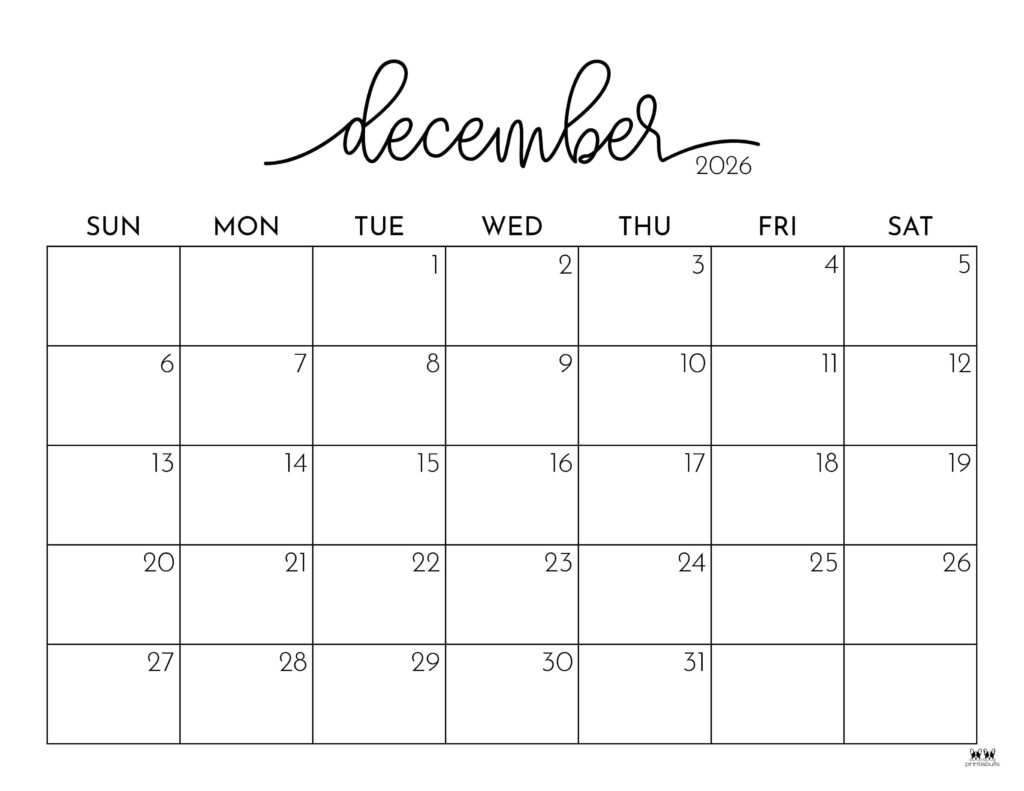 December 2026 Calendars - 123 Free Printables | Printabulls within December 2026 Calendar Printable Free