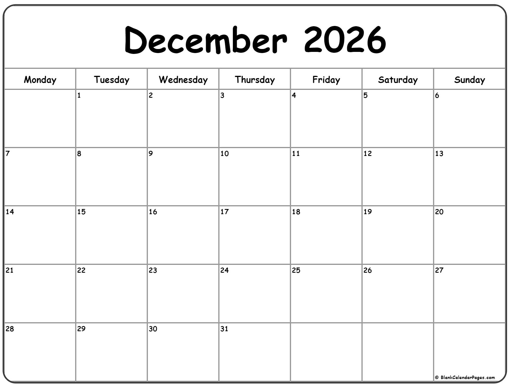 December 2026 Monday Calendar | Monday To Sunday in December 2026 Calendar Printable