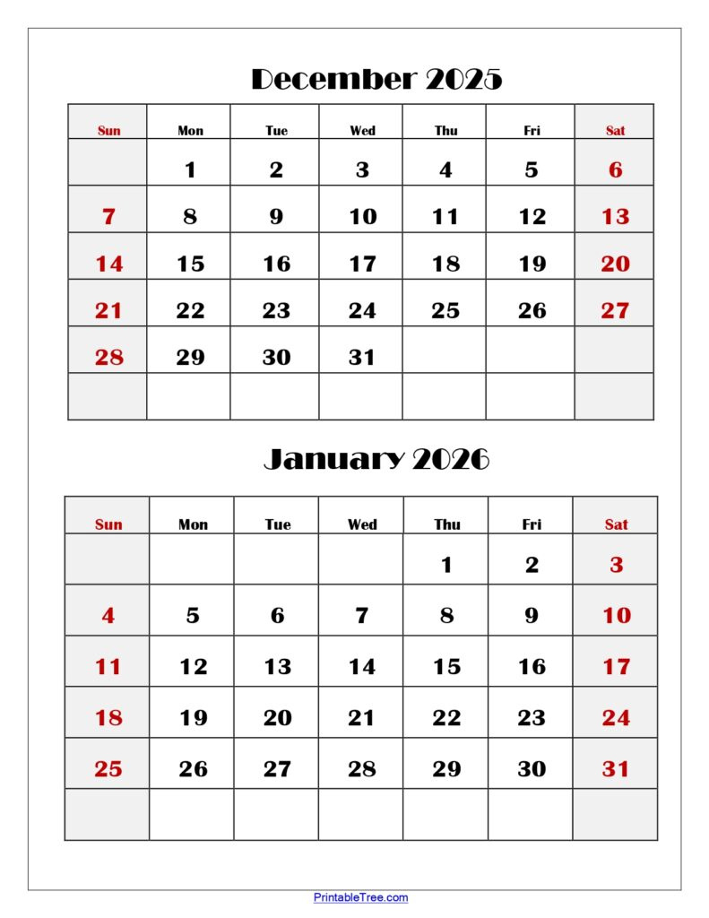 December And January 2026 Calendar Printable Pdf | Two Months Calendar in January To December 2026 Calendar Printable