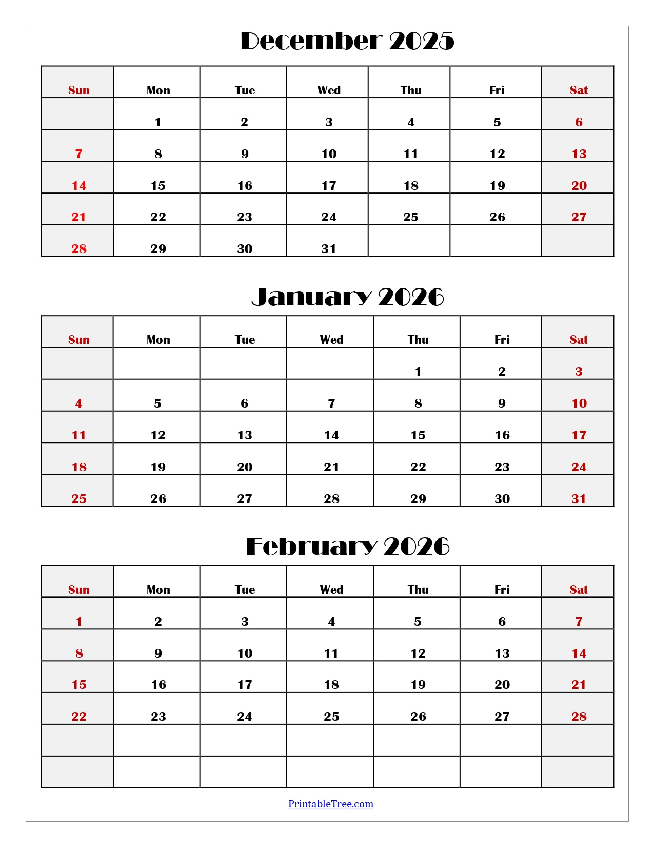 December To February 2026 Calendar Printable Pdf | Three Months regarding December 2025 - January 2026 February Calendar Printable