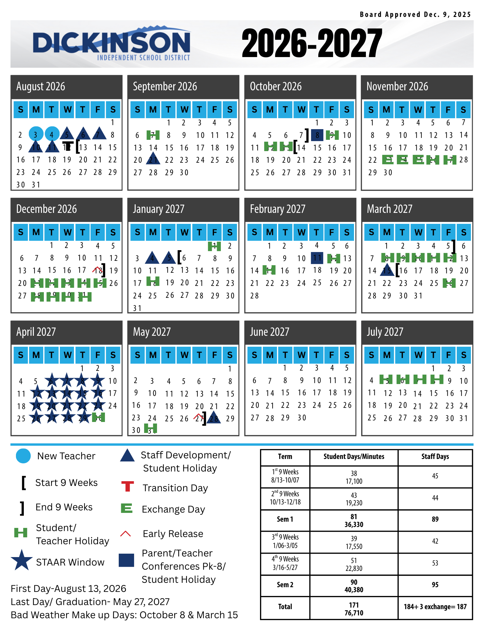 Dickinson Independent School District with regard to Disd 2025 To 2026 Calendar Printable