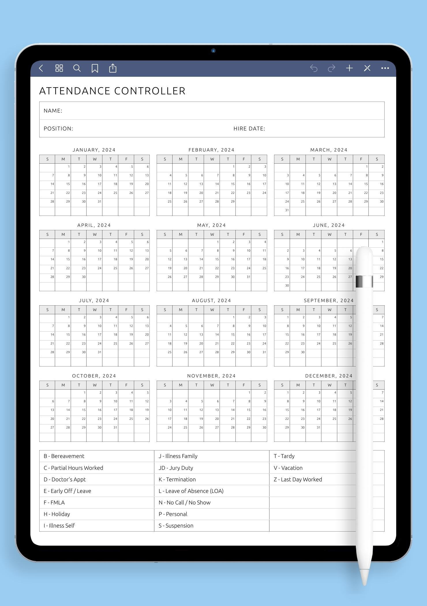 Download Printable Attendance Controller Template Pdf in 2026 Employee Attendance Calendar Printable