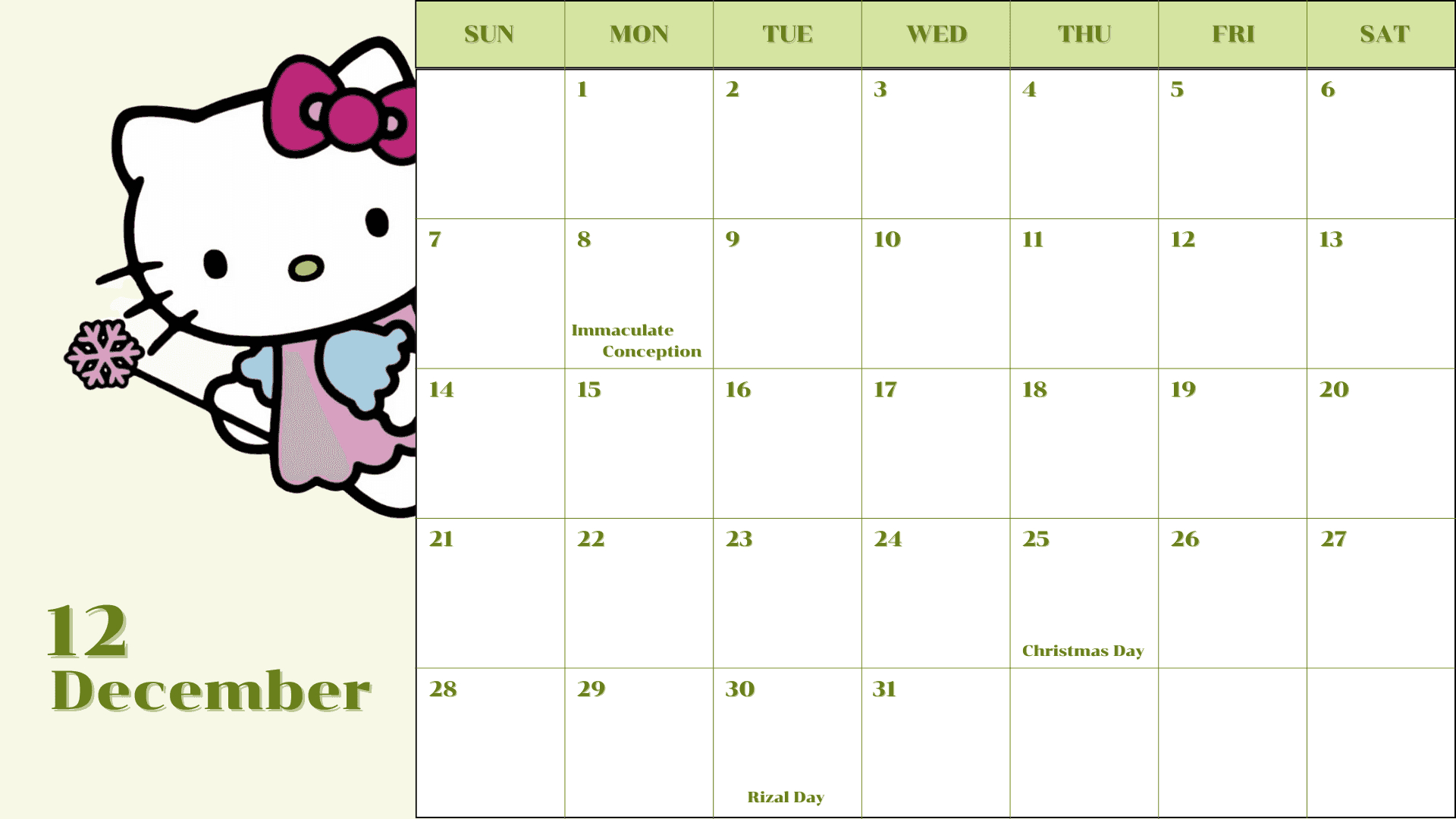 ❆ 2025 - Hello Kitty Calendar - Canva-Template ❆Kjc in Hello Kitty December 2025 Calendar
