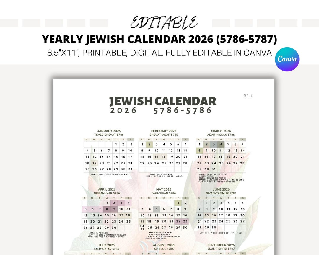 Editable Yearly Jewish Calendar 2026, Jewish Holidays, Canva with regard to Jewish Calendar 2026 Printable