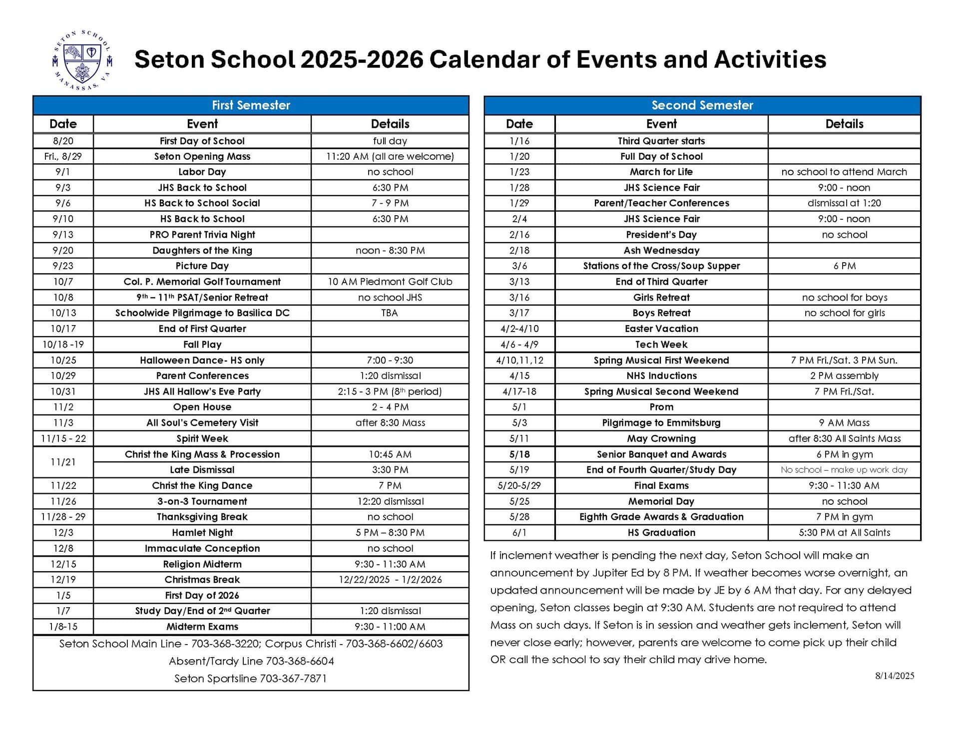 Events Calendar | Seton School Manassas in Seton Catholic College Calendar 2026