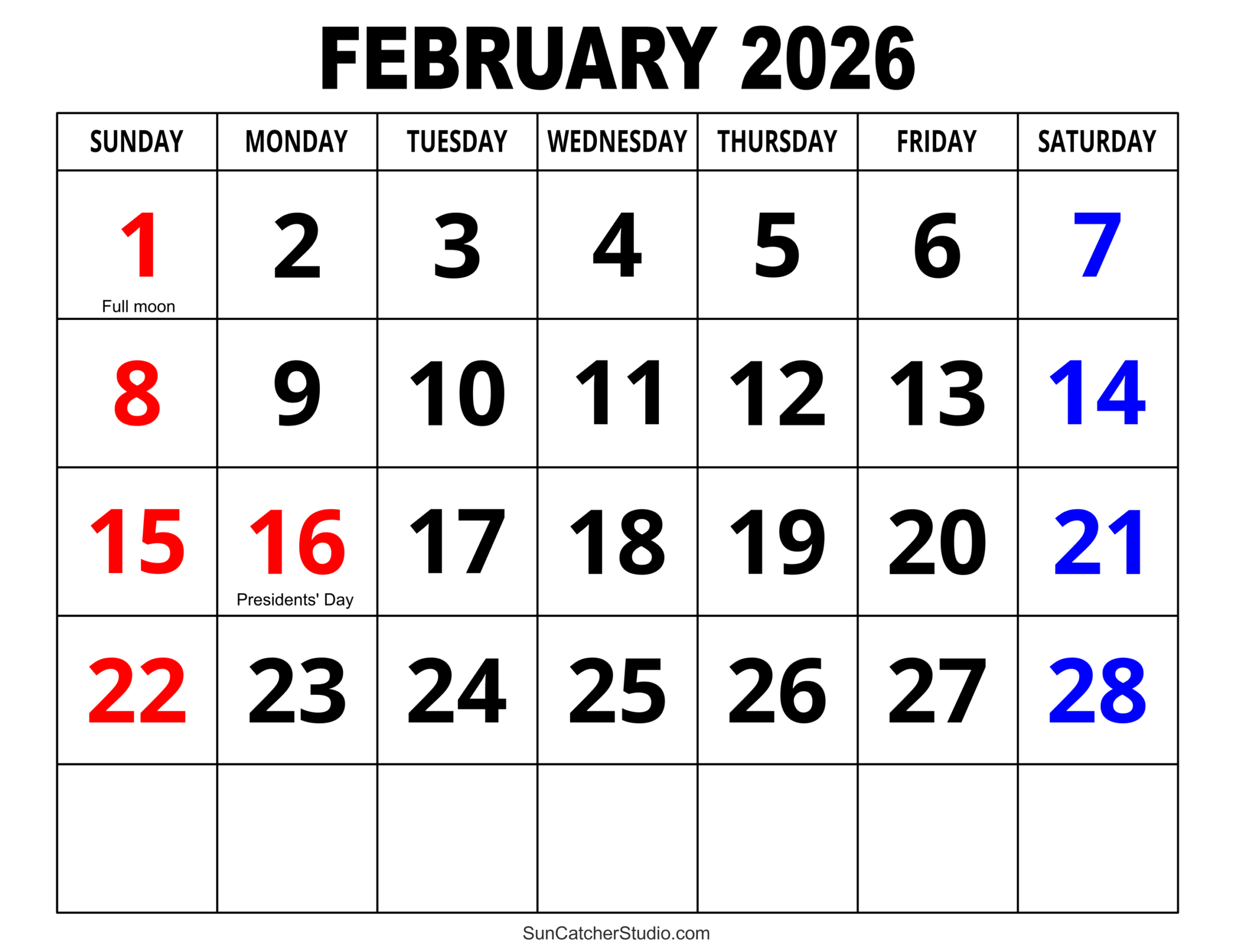 February 2026 Calendar (Free Printable) – Free Printables with regard to February 2026 Calendar Printable