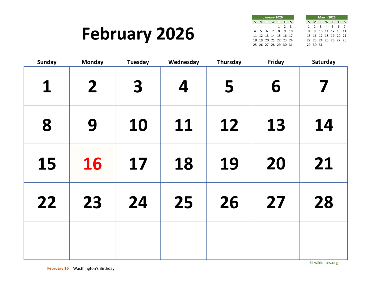 February 2026 Calendar With Extra-Large Dates | Wikidates regarding February 2026 Calendar Printable Wiki