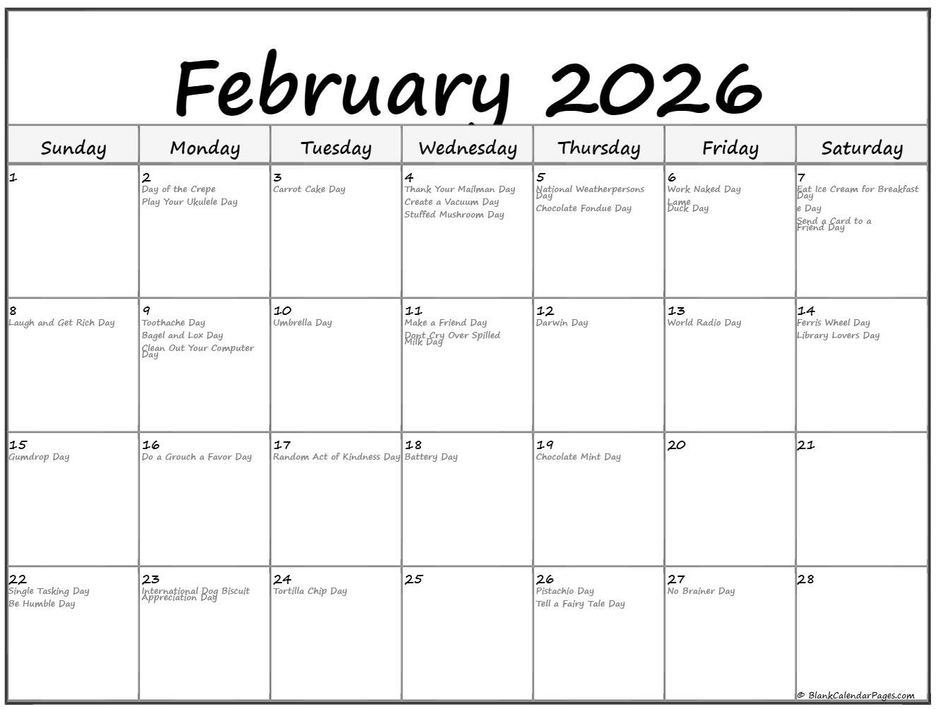 February 2026 With Holidays Calendar throughout National Day Calendar February 2026