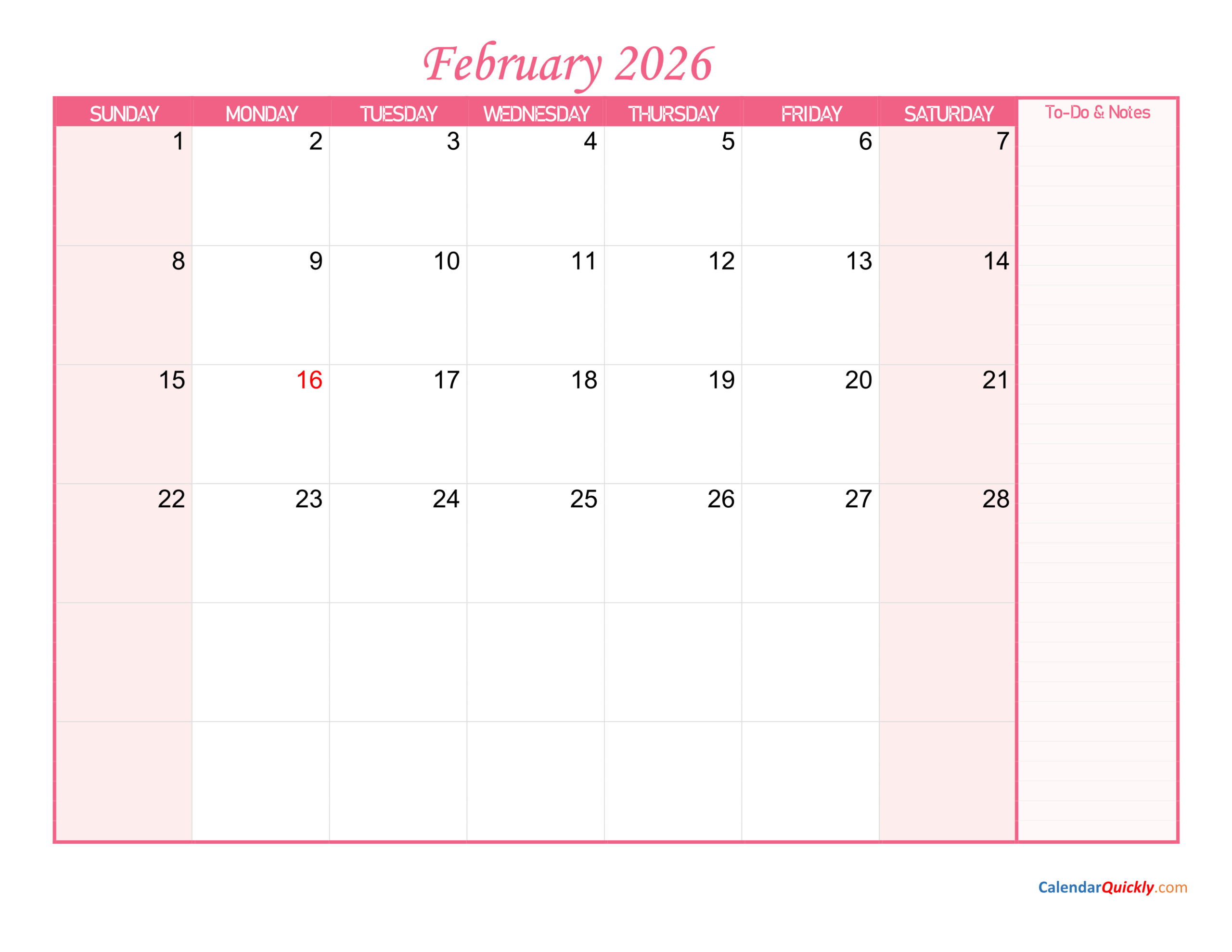 February Calendar 2026 With Notes | Calendar Quickly pertaining to 2026 Calendar Printable Notes