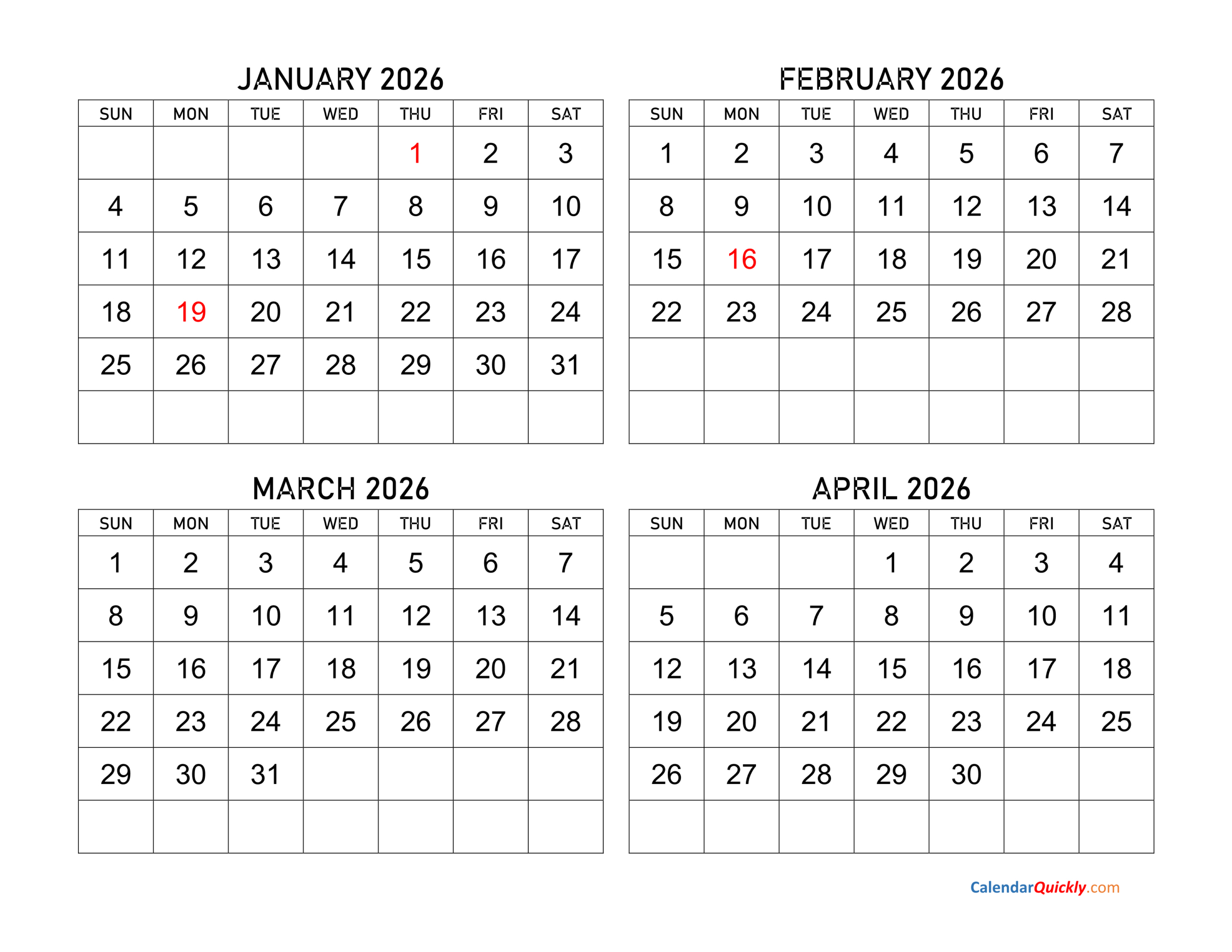 Four Months 2026 Calendar | Calendar Quickly throughout Printable Calendar 2026 January February March