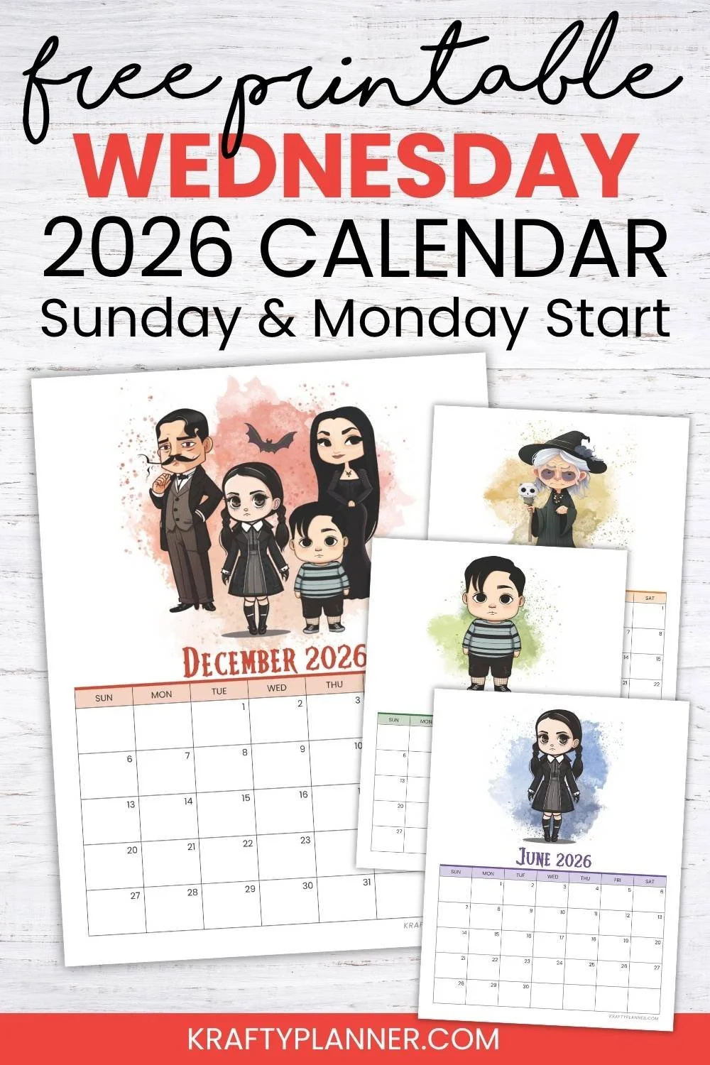 Free 2026 Wednesday Addams Calendar — Krafty Planner within How Many Wednesdays Are There in 2026?