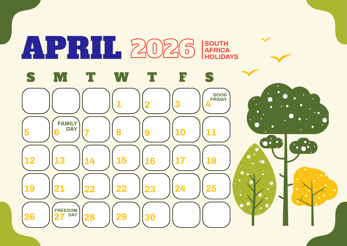 Free April 2026 South Africa Calendar Template To Edit Online for 2026 Calendar Printable South Africa