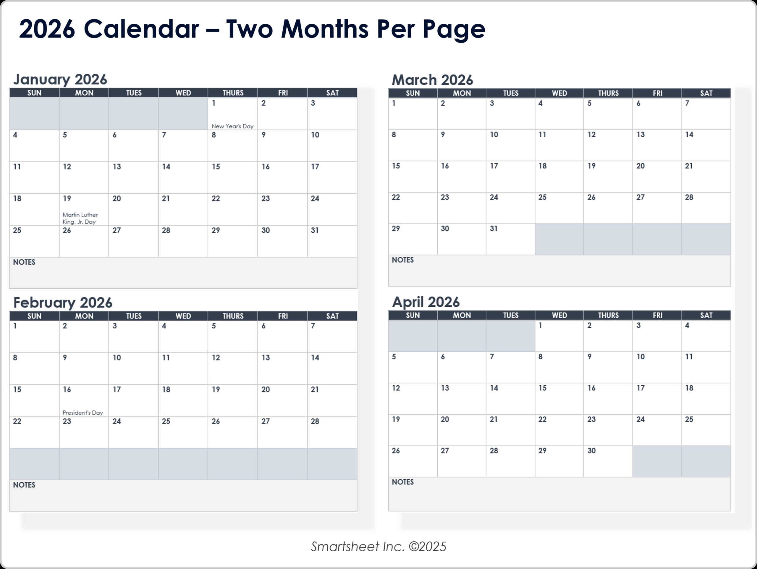 Free Blank Calendar Templates - Smartsheet with regard to 2026 Calendar Printable 2 Months Per Page