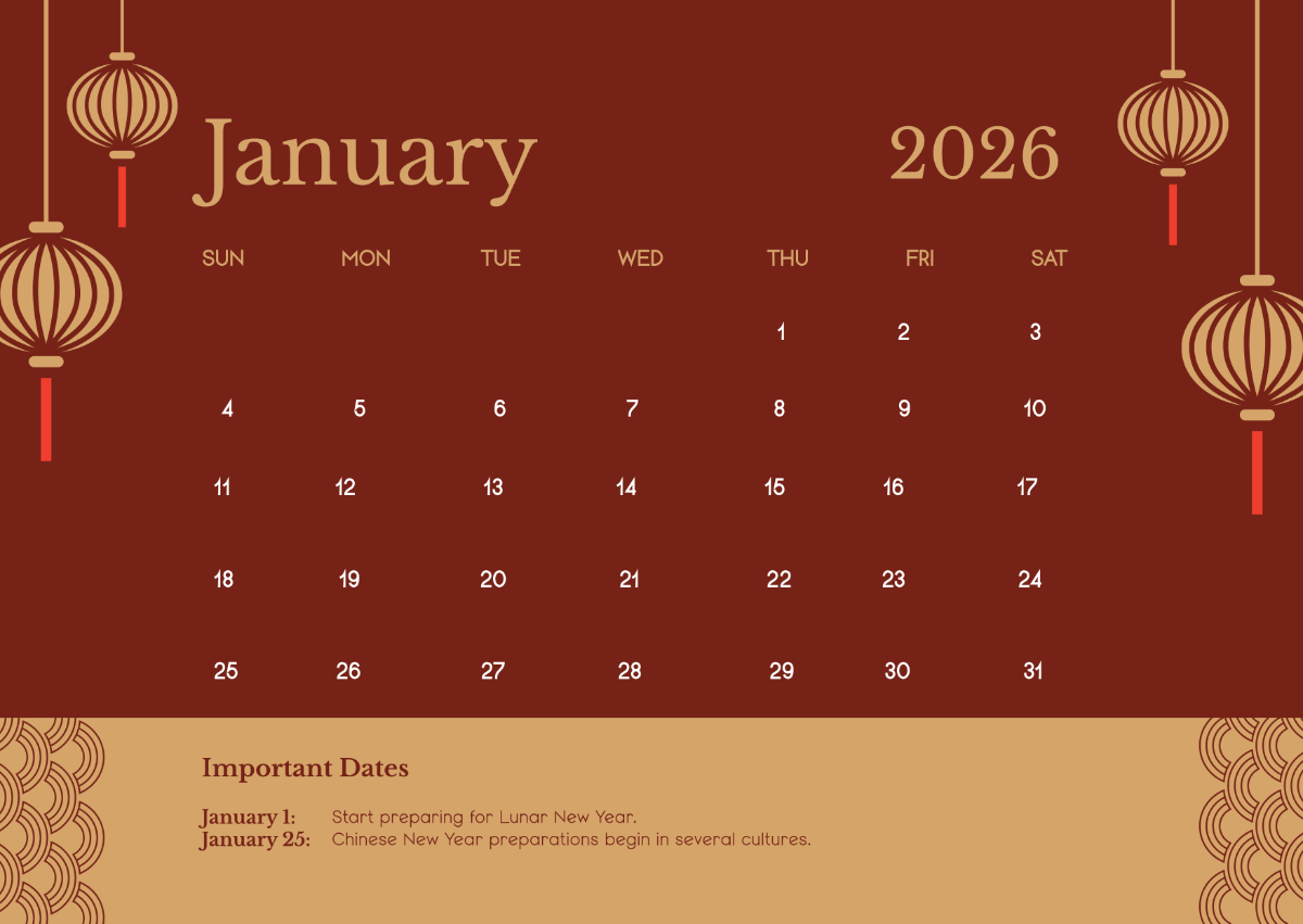 Free January 2026 Lunar Calendar Template To Edit Online intended for Free Printable Chinese Calendar 2026
