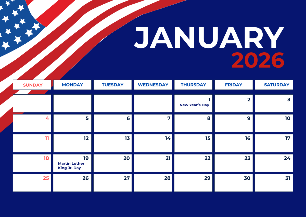 Free January 2026 Usa Calendar Template To Edit Online with regard to Calendar For January 2026 United States