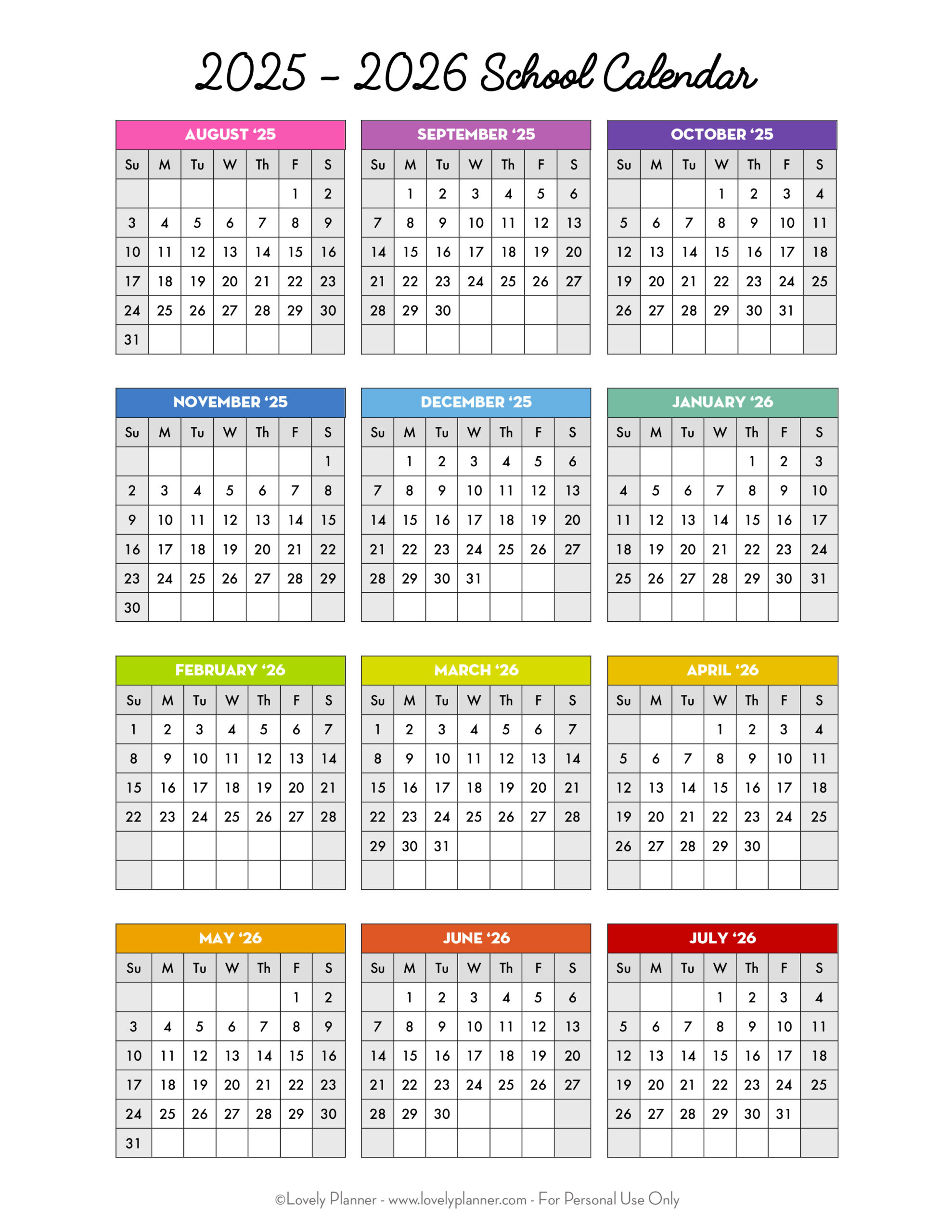 Free Printable 2025-2026 School Calendar - One Page Academic regarding 2025 2026 School Year Calendar Printable Free