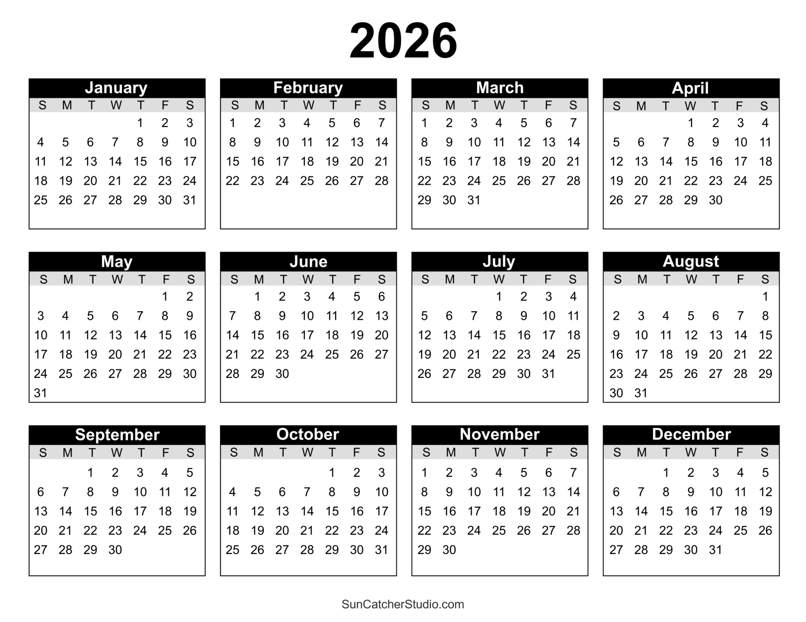 Free Printable 2026 Yearly Calendar – Free Printables, Lettering for Calendar Of 2026 Printable