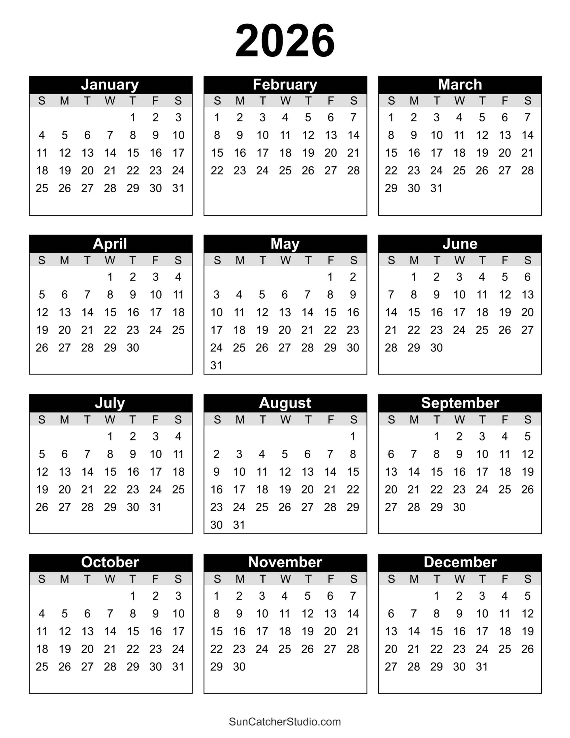 Free Printable 2026 Yearly Calendar – Free Printables, Lettering intended for 2026 Calendar Printable Portrait