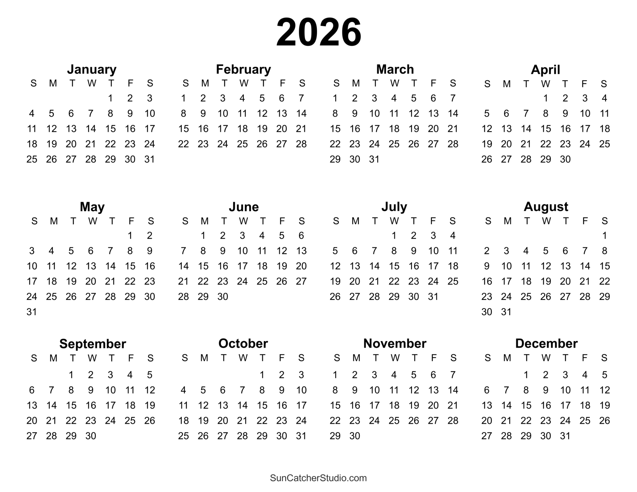 Free Printable 2026 Yearly Calendar – Free Printables, Lettering within Vertex Printable Calendar 2026