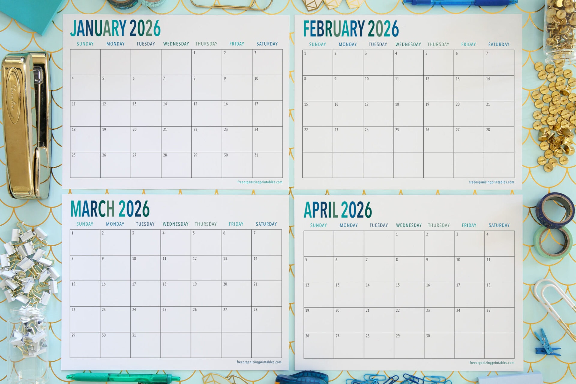 Free Printable Calendar 2026 | Free Organizing Printables with January to April 2026 Calendar Printable